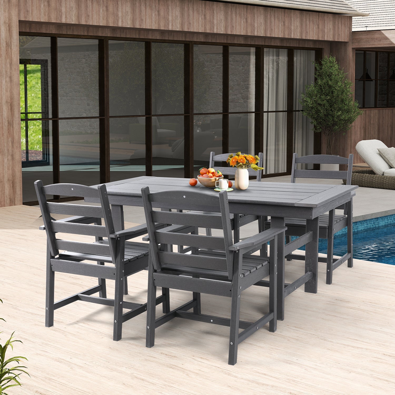 HOMREST HDPE Outdoor Patio Dining Table With Umbrella Hole, Gray