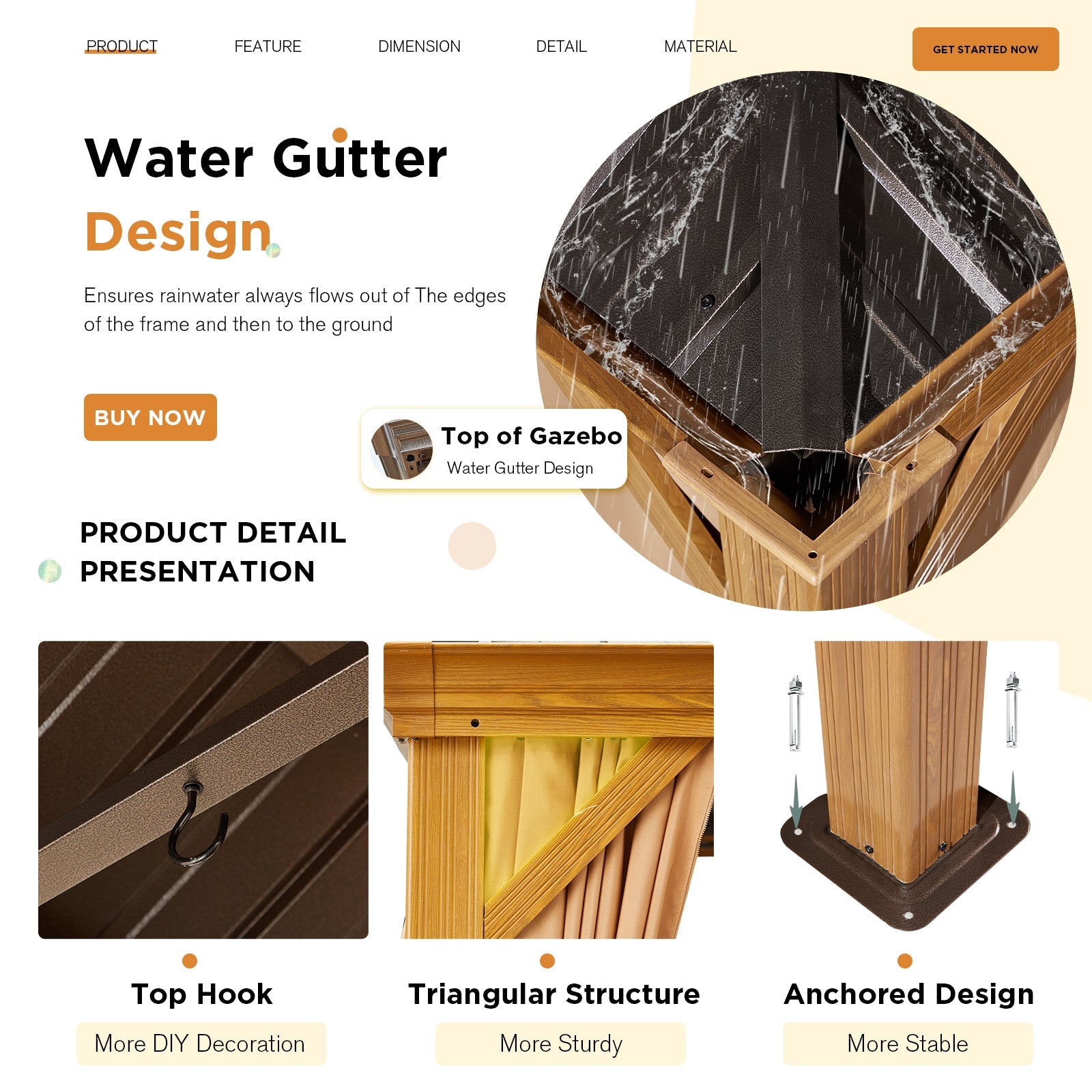 Water gutter design product page with images and text on a beige background