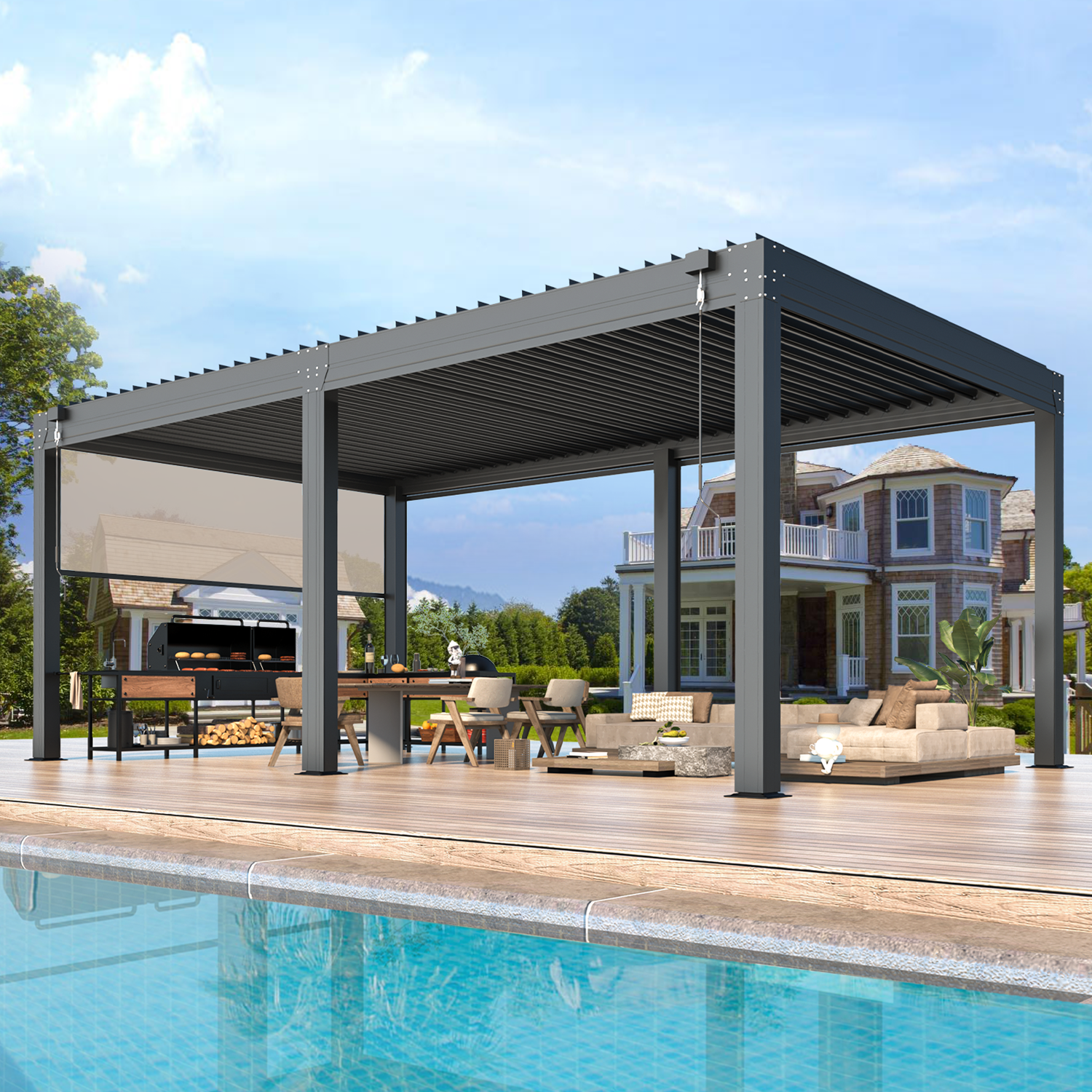 HOMREST 12x20FT Louvered Pergola with 6-Panel Pull-Down Screen, Dark Gray