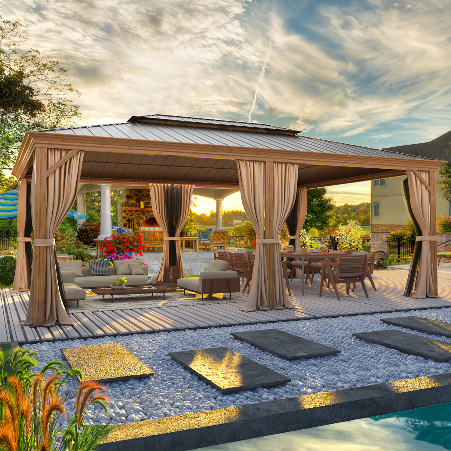 HOMREST 14X20 Grill Gazebo with Galvanized Hardtop Roof, Wood Grain