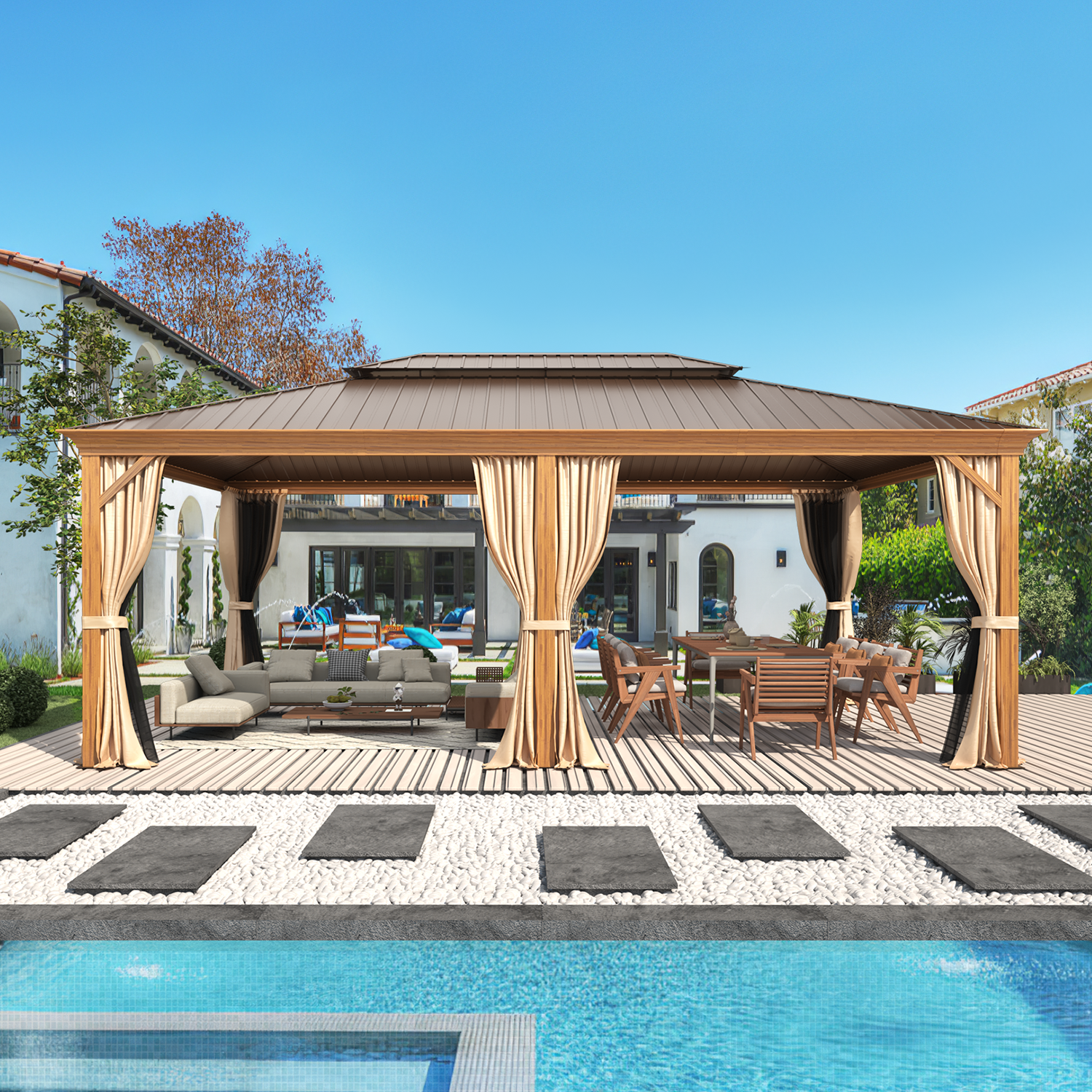 HOMREST 14X20 Grill Gazebo with Galvanized Hardtop Roof, Wood Grain