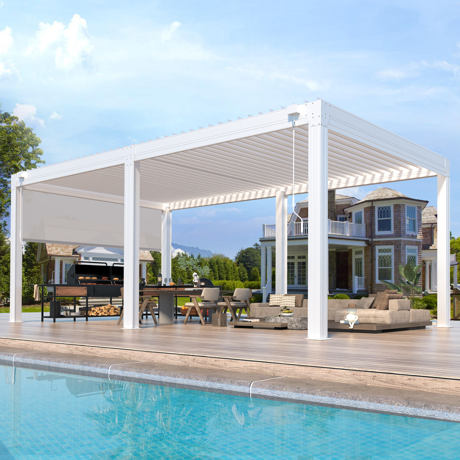 HOMREST 12x20ft Louvered Pergola with 6-Panel Pull-Down Screen, White