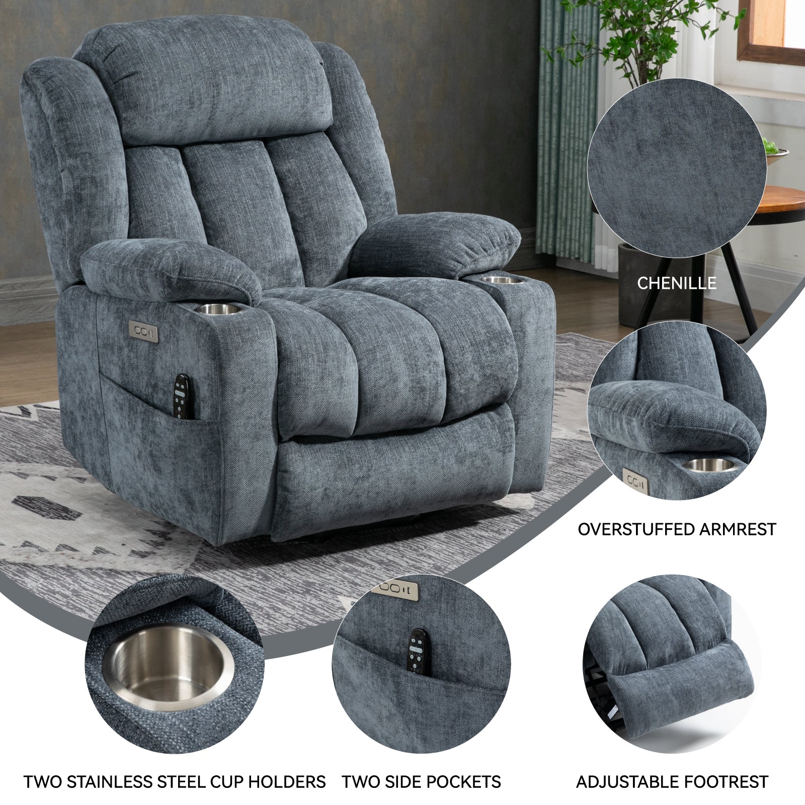 Homrest Premium Electric Recliner Chair with 8-Point Massage & Heating, Plush Chenille Fabric, Gray Blue