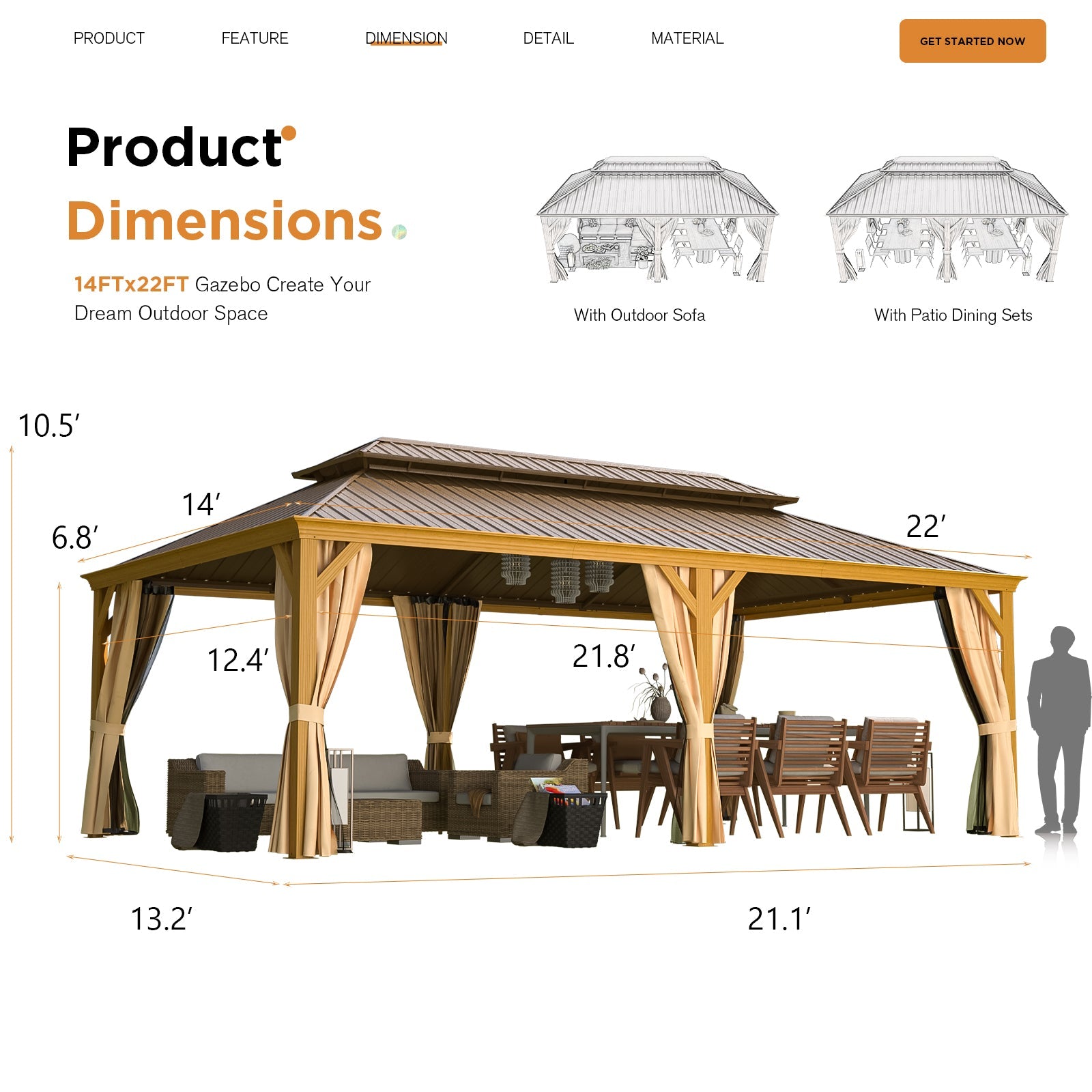 Gazebo dimensions with outdoor furniture and a person for scale on a white background