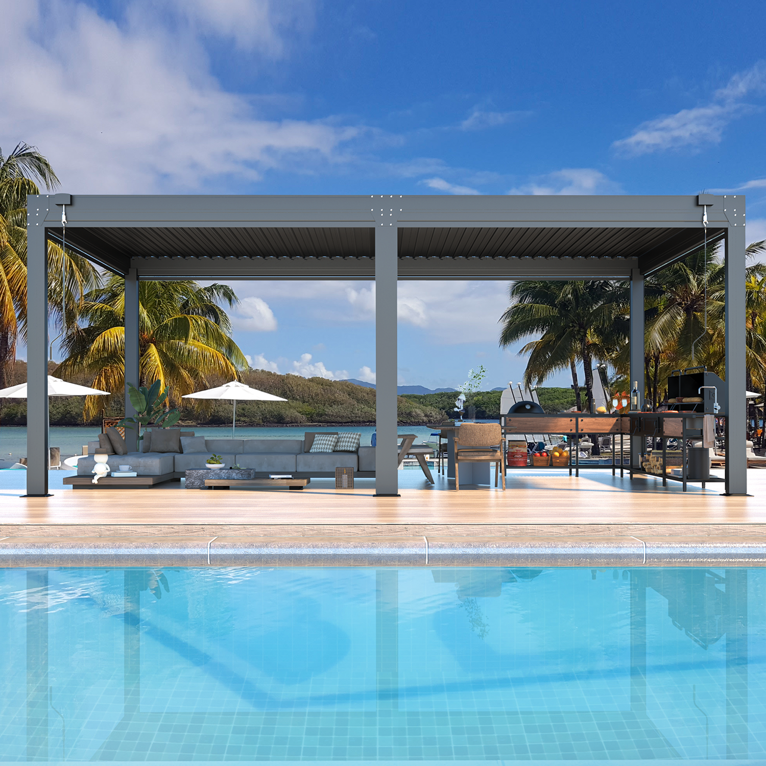 HOMREST 12x20FT Louvered Pergola with 6-Panel Pull-Down Screen, Dark Gray