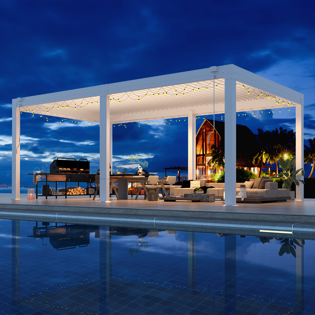 HOMREST 12x20ft Louvered Pergola with 6-Panel Pull-Down Screen, White