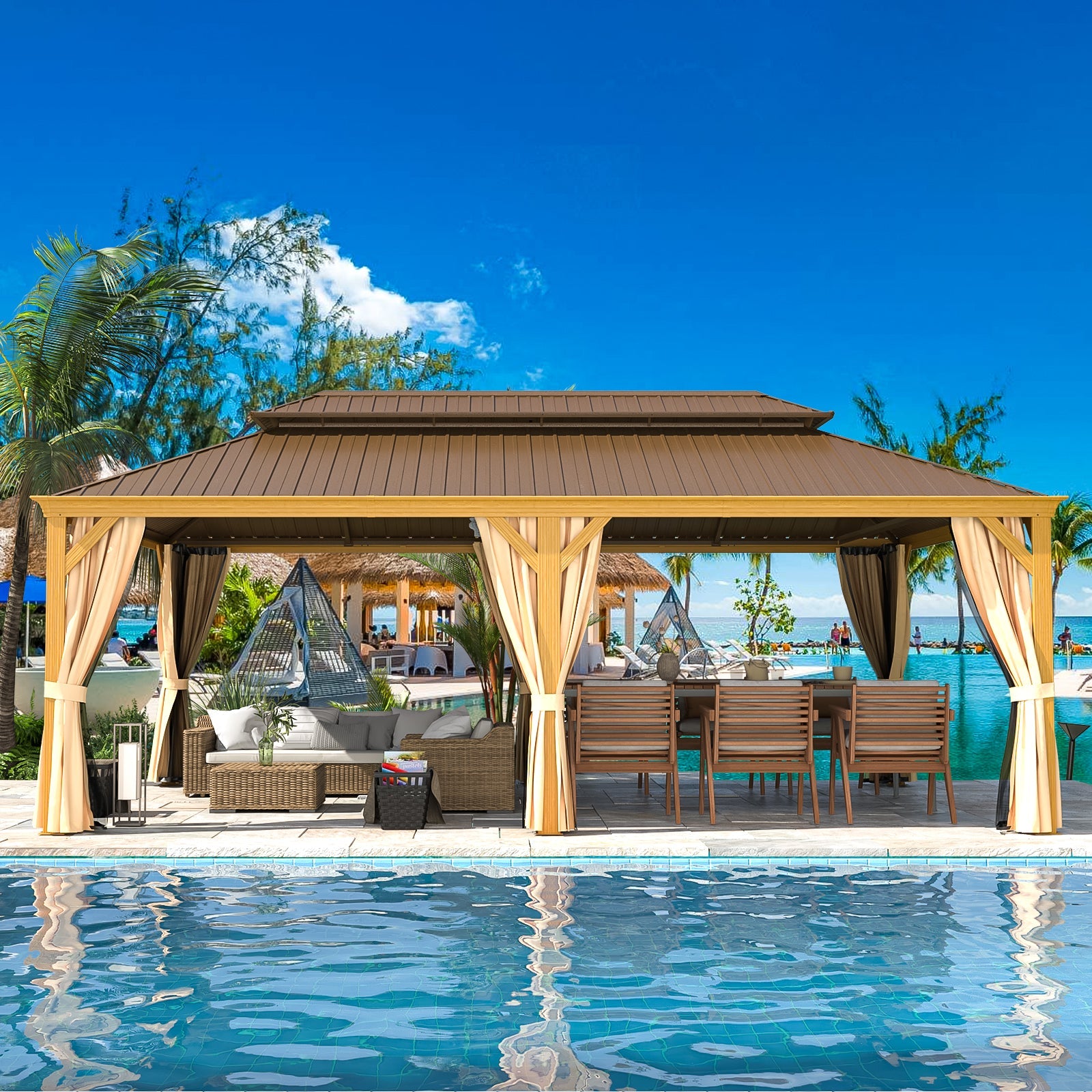 HOMREST 14X22 Outdoor Rectangle Gazebo with Canopy for Patio, Wood Grain