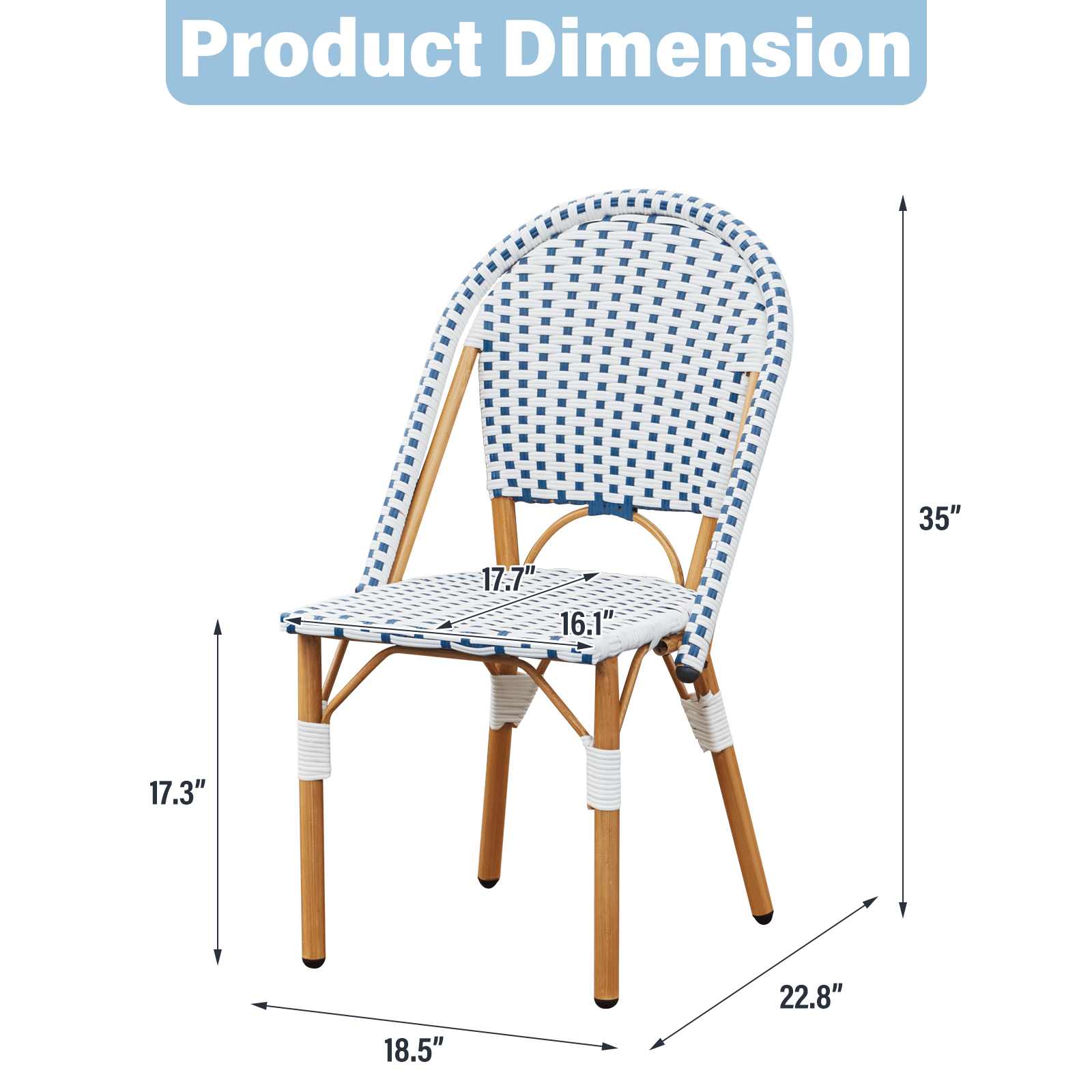 HOMREST Outdoor French Bistro Chair Set of 2, Wicker Patio Dining Chairs with Print Finish, Blue&White