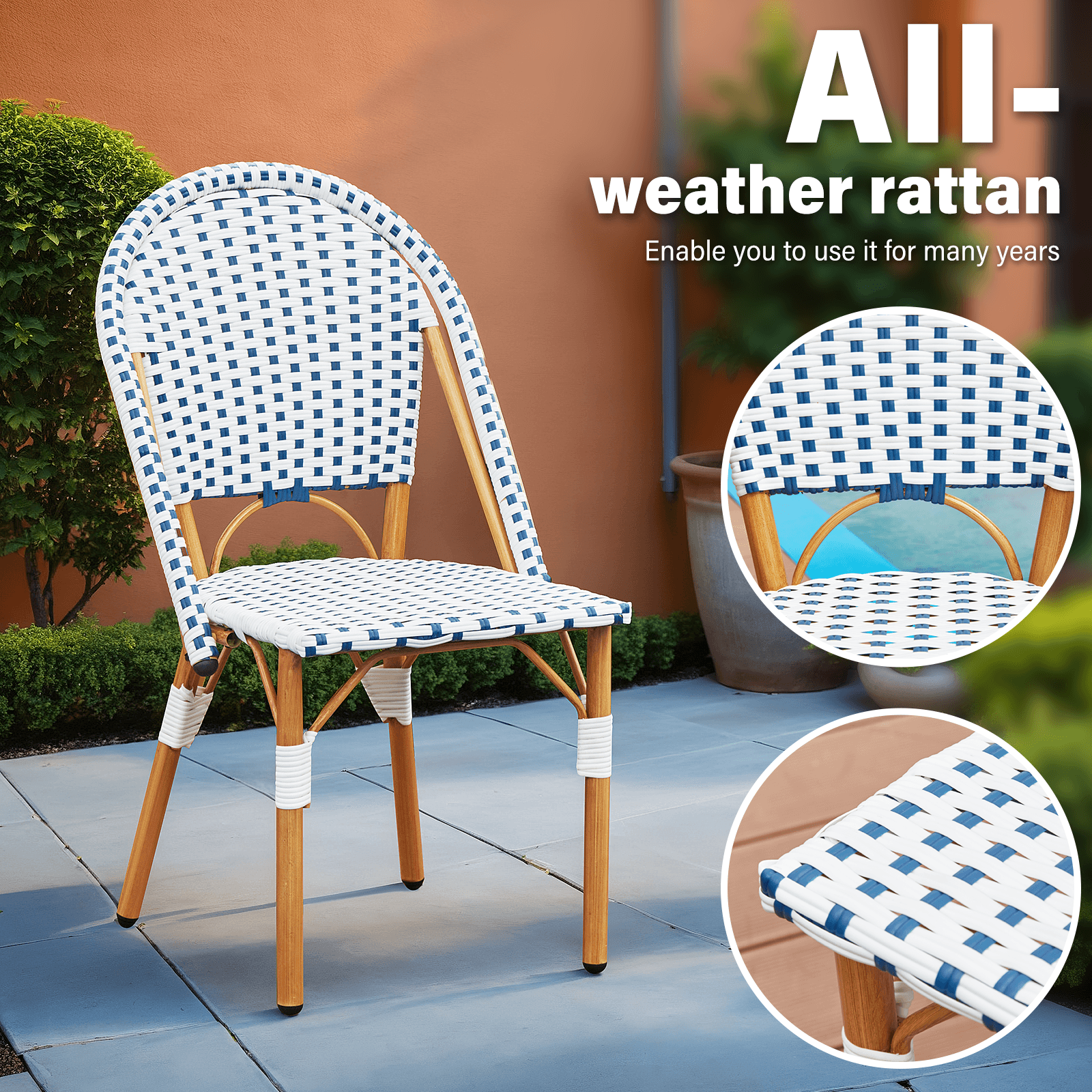 HOMREST Outdoor French Bistro Chair Set of 2, Wicker Patio Dining Chairs with Print Finish, Blue&White
