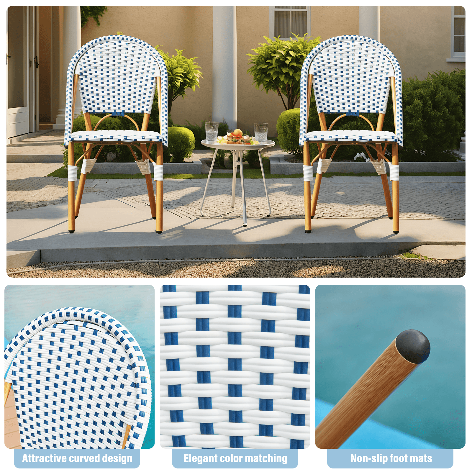HOMREST Outdoor French Bistro Chair Set of 2, Wicker Patio Dining Chairs with Print Finish, Blue&White