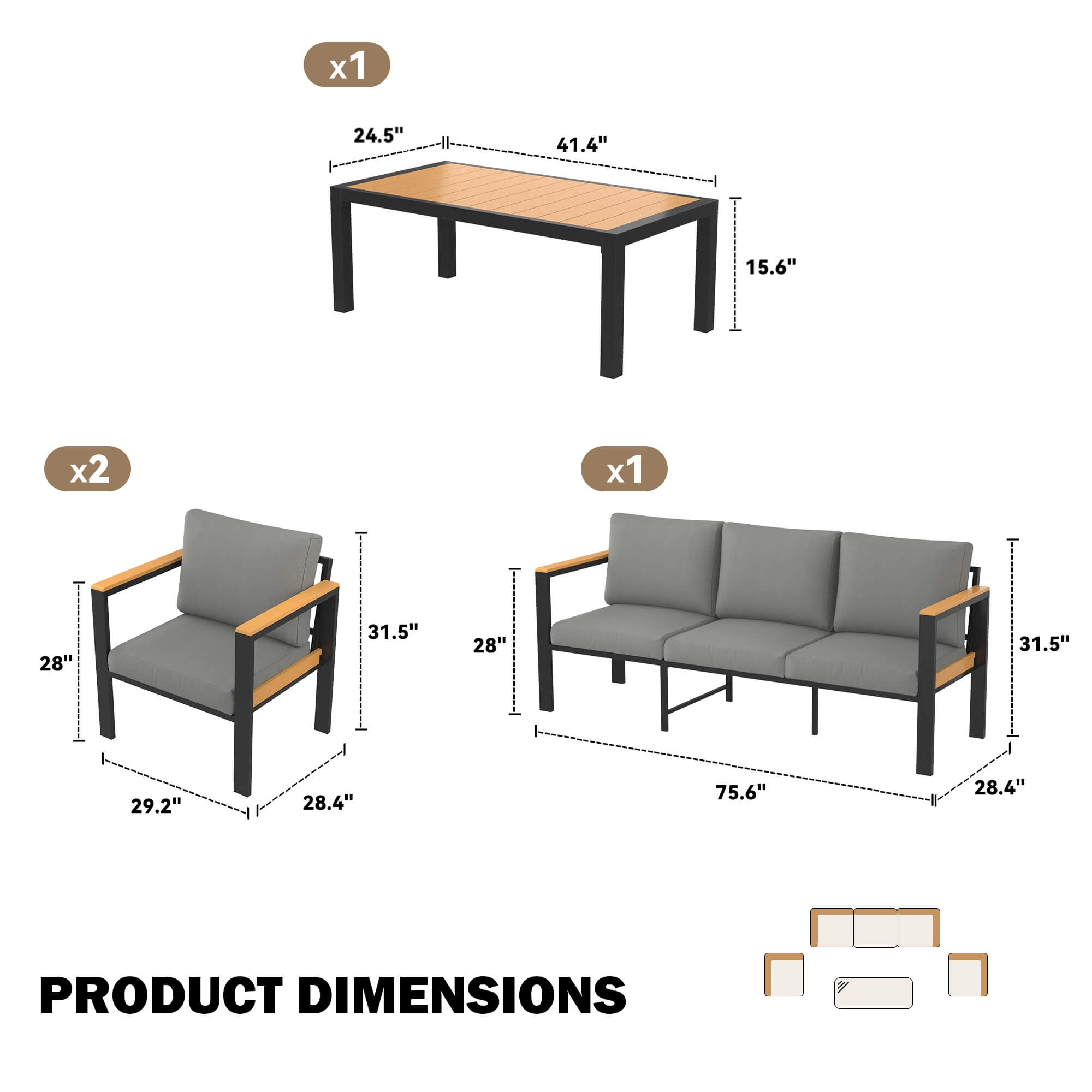 HOMREST 5 Piece Patio Furniture Set, Metal Patio Conversation Set with Coffee Table, All-Weather Outdoor Furniture, Gray