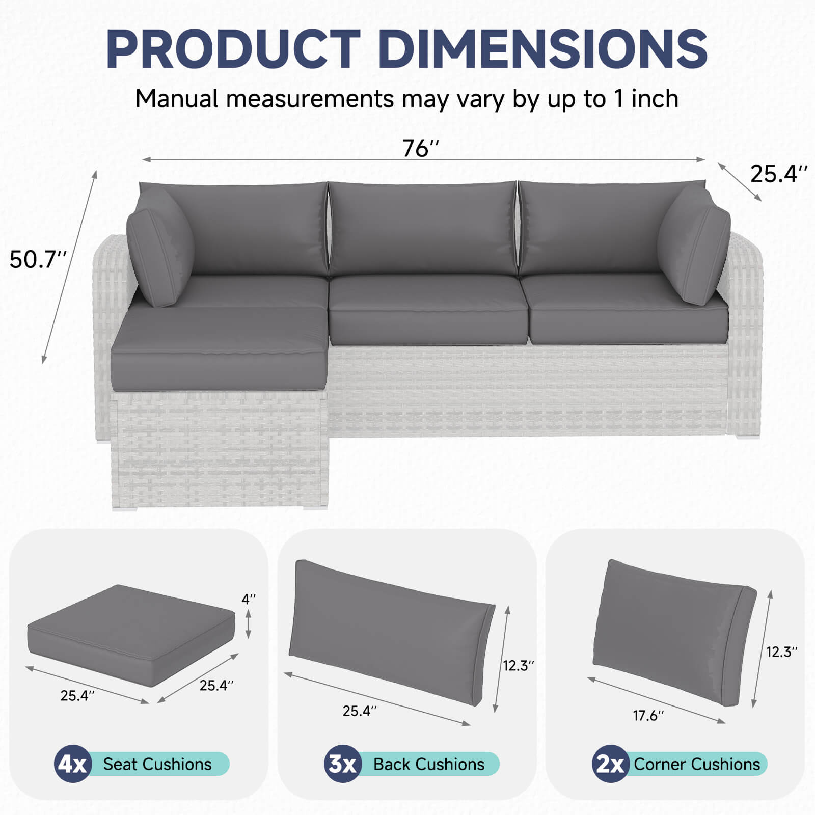 HOMREST 9-Piece Outdoor Sectional Cushions for 4-Seat Sofa, Waterproof Deep Seat w/ Non-Slip & Machine Washable Covers, Gray