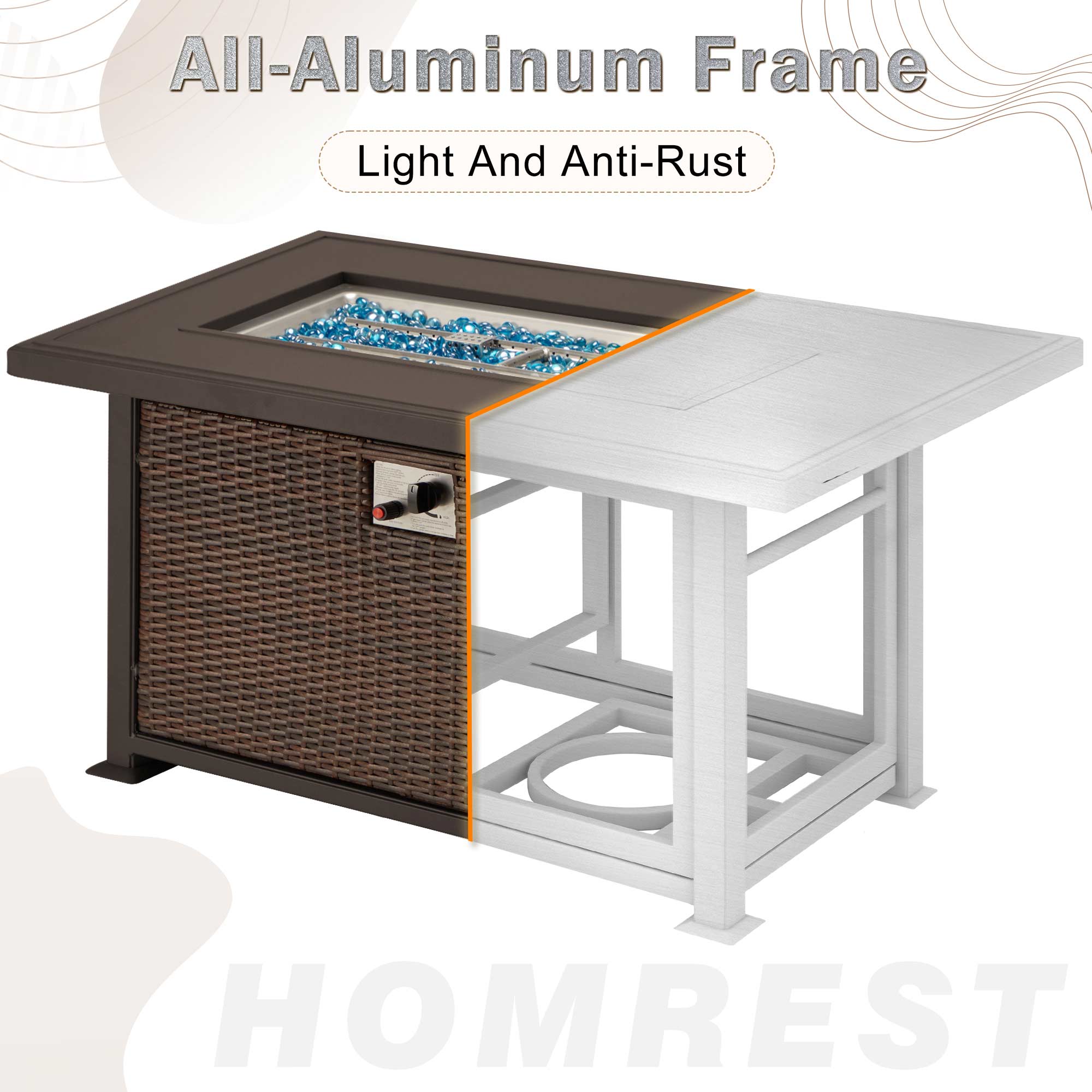 44 in Patio Fire Pit Table 50,000 BTU Auto-Ignition Propane Fire Pit with 2 Hidden Side Hooks, Dark Brown