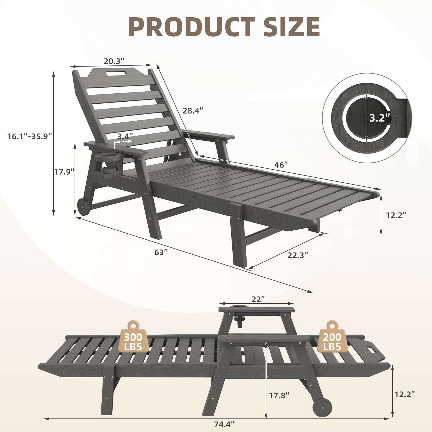 HOMREST 22" W Oversized Chaise Lounge Chairs, Adjustable HDPE Outdoor Chairs with Wheels & Cup Holder, Dark Grey