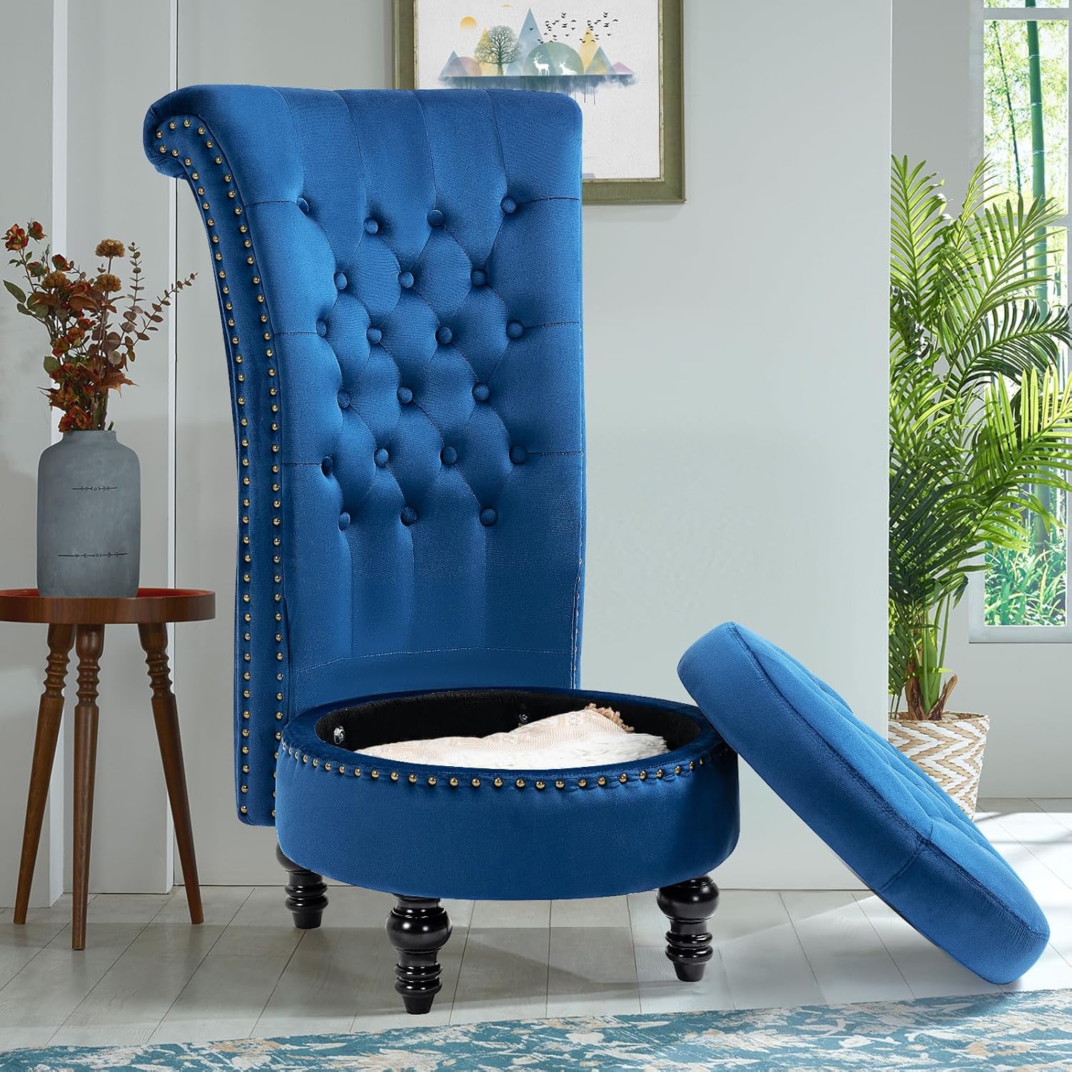 HOMREST High Back Throne Chair, Velvet Armless Royal Accent Chair w/Storage, Nailhead Trim & Rubberwood Legs for Living Room & Bedroom, Blue