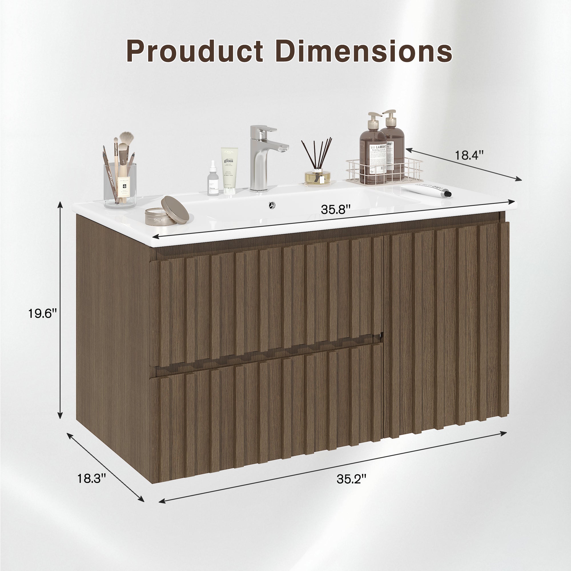Homrest 36" Wall Mounted Single Bathroom Vanity With Ceramic Sink, Bathroom Vanity With Spacious Cabinet And 2 Soft-close Drawers,  Brown