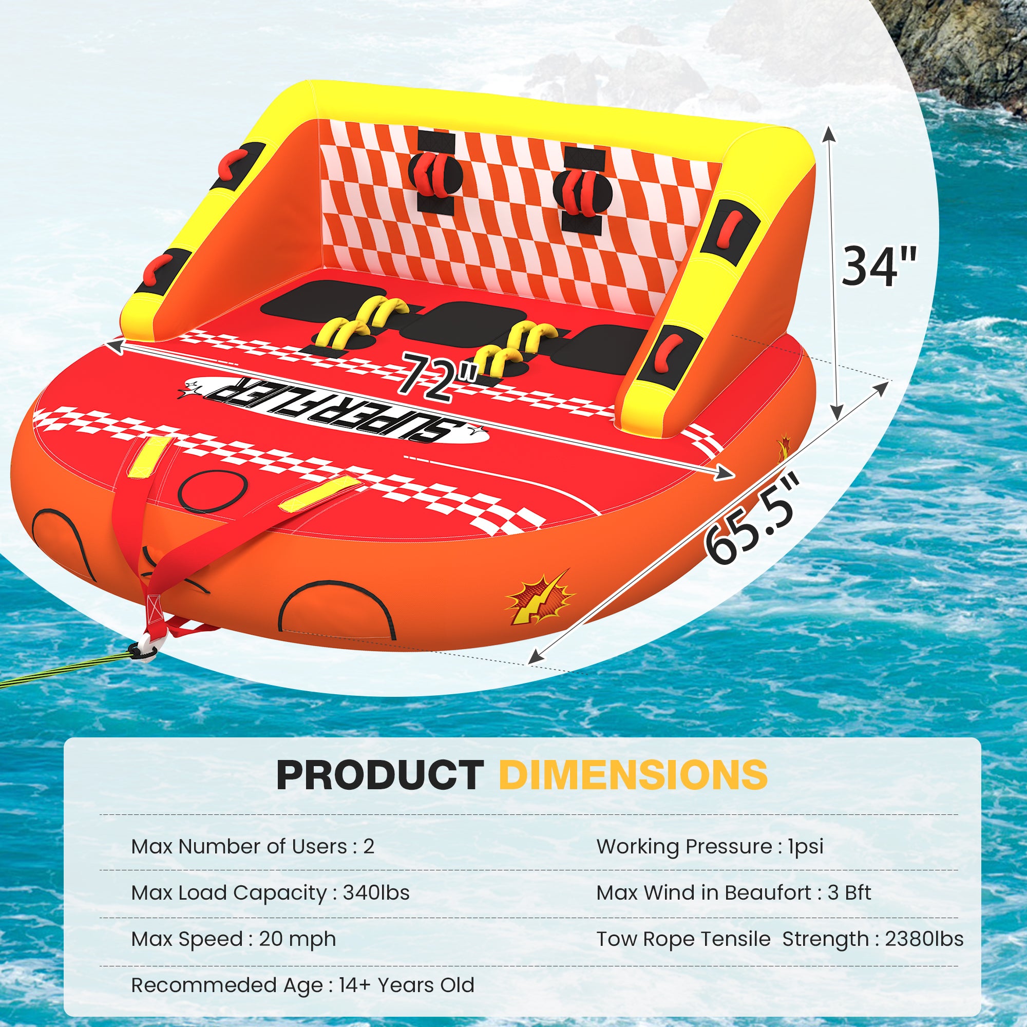 HOMREST 3-Person Towable Tubes for Boating, Front/Back Tow Points Sofa Couch Style Boat Tubes