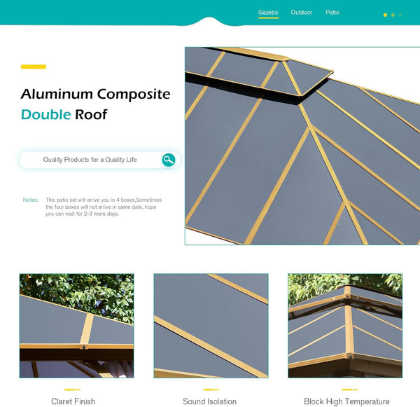 Homrest 10X12 Gazebo Outdoor Double Roof Aluminum Composite Canopy Aluminum Frame Pavilion with Curtains and Netting for Patio Lawn Garden Backyard