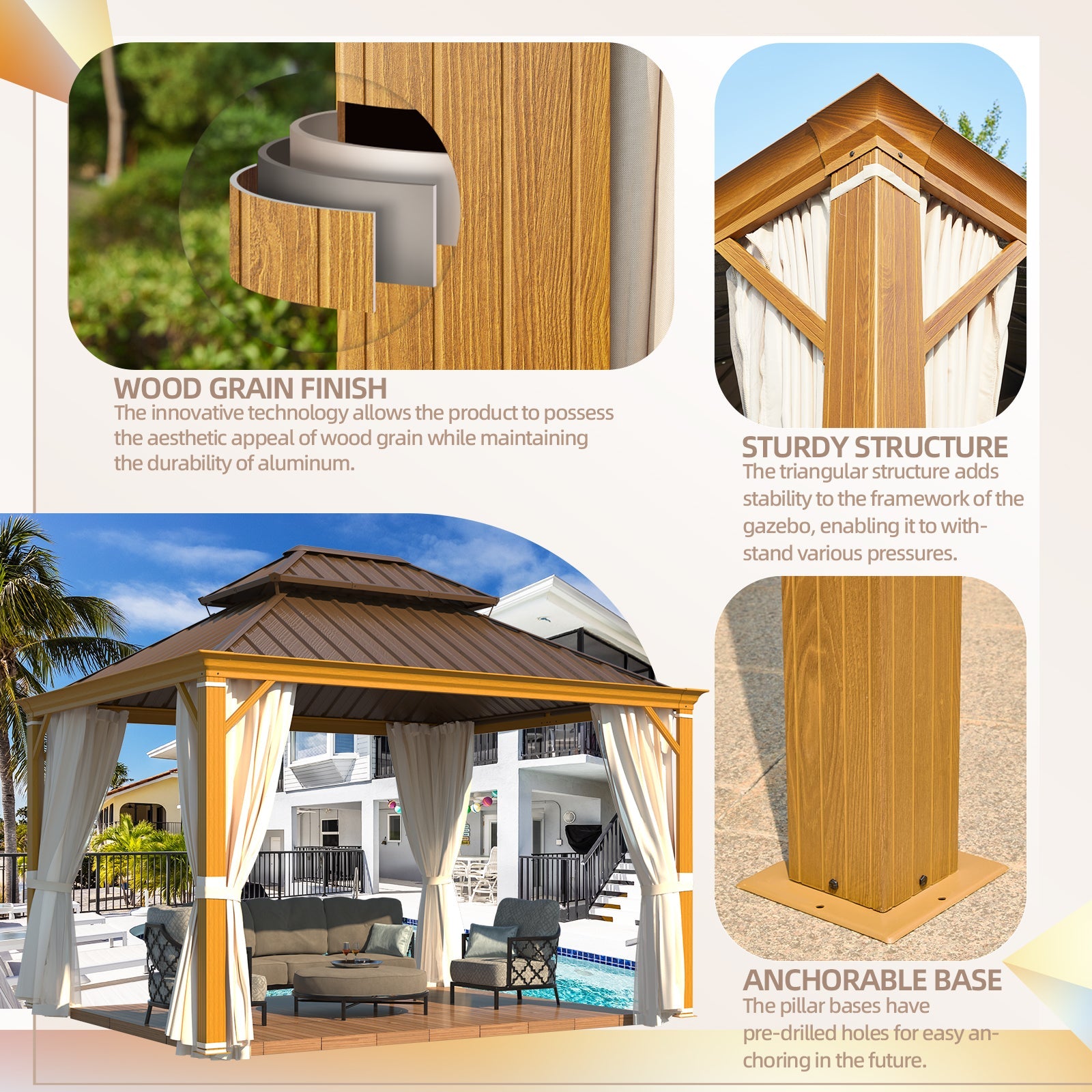 Homrest 10' x 12' Hardtop Gazebo with Aluminum Frame, Wood-Grain