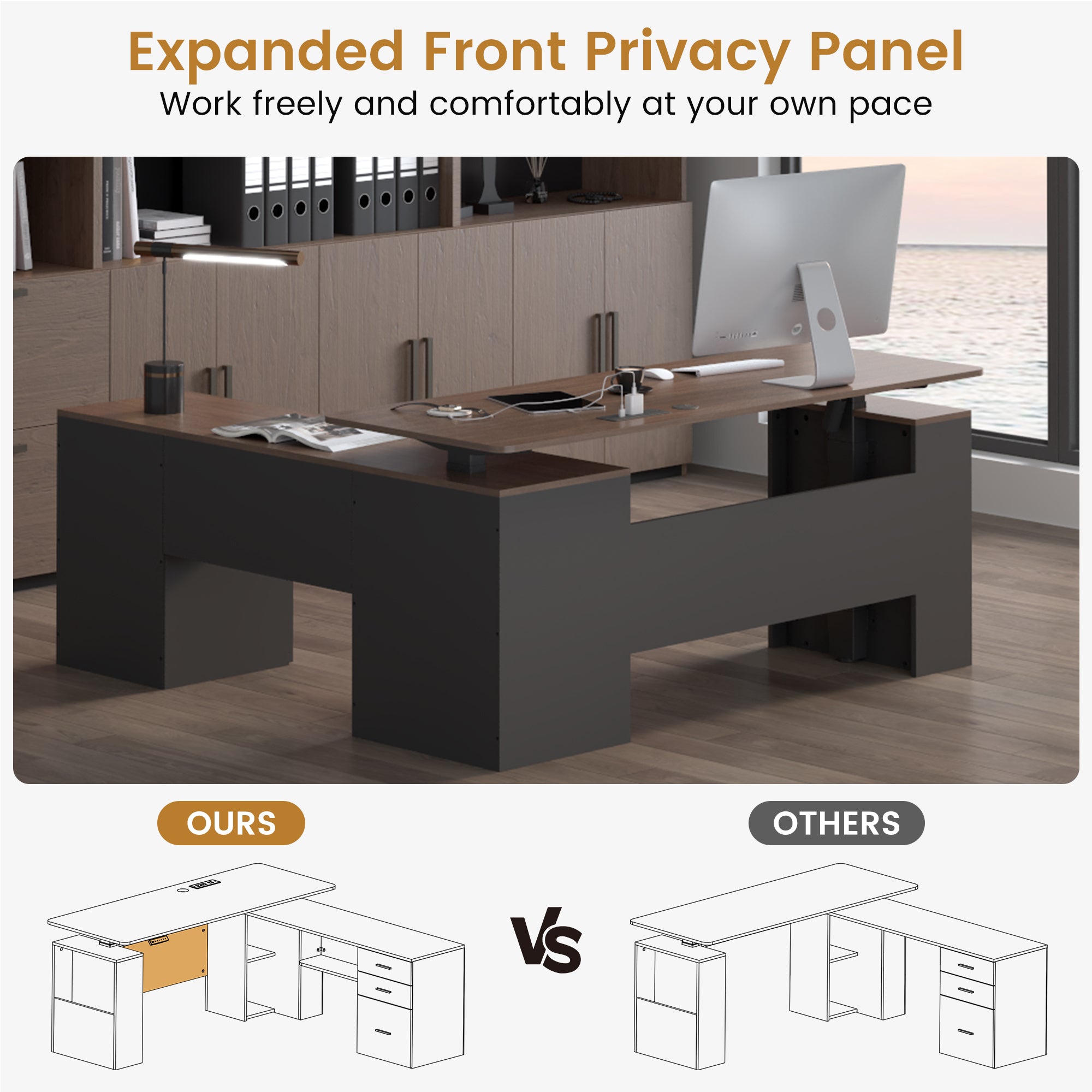 HOMREST 63" L Shaped Electric Standing Desk with Storage, Executive Adjustable Height with Power Outlets and Privacy Panel, Walnut Black