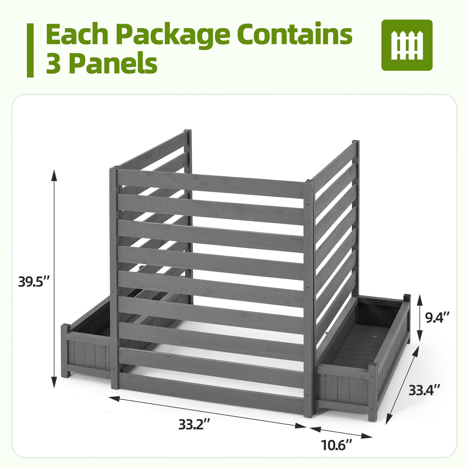 HOMREST No-Dig Privacy Fence with Planter Box - 3 Panels, 33" W x 39" H Durable Outdoor Patio Wood Screen for AC Unit, Trash Hide & Floral Garden Bed, Grey