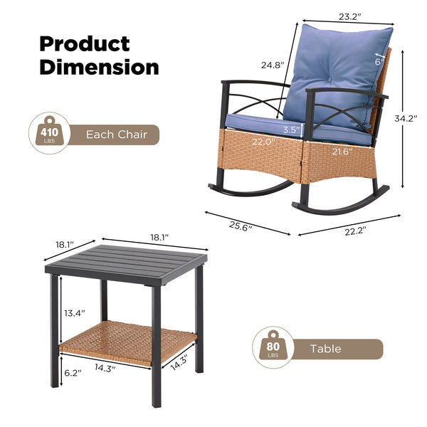 HOMREST 3-Piece Bistro Set: Outdoor Rattan Rocking Chairs with Cushions and Coffee Table