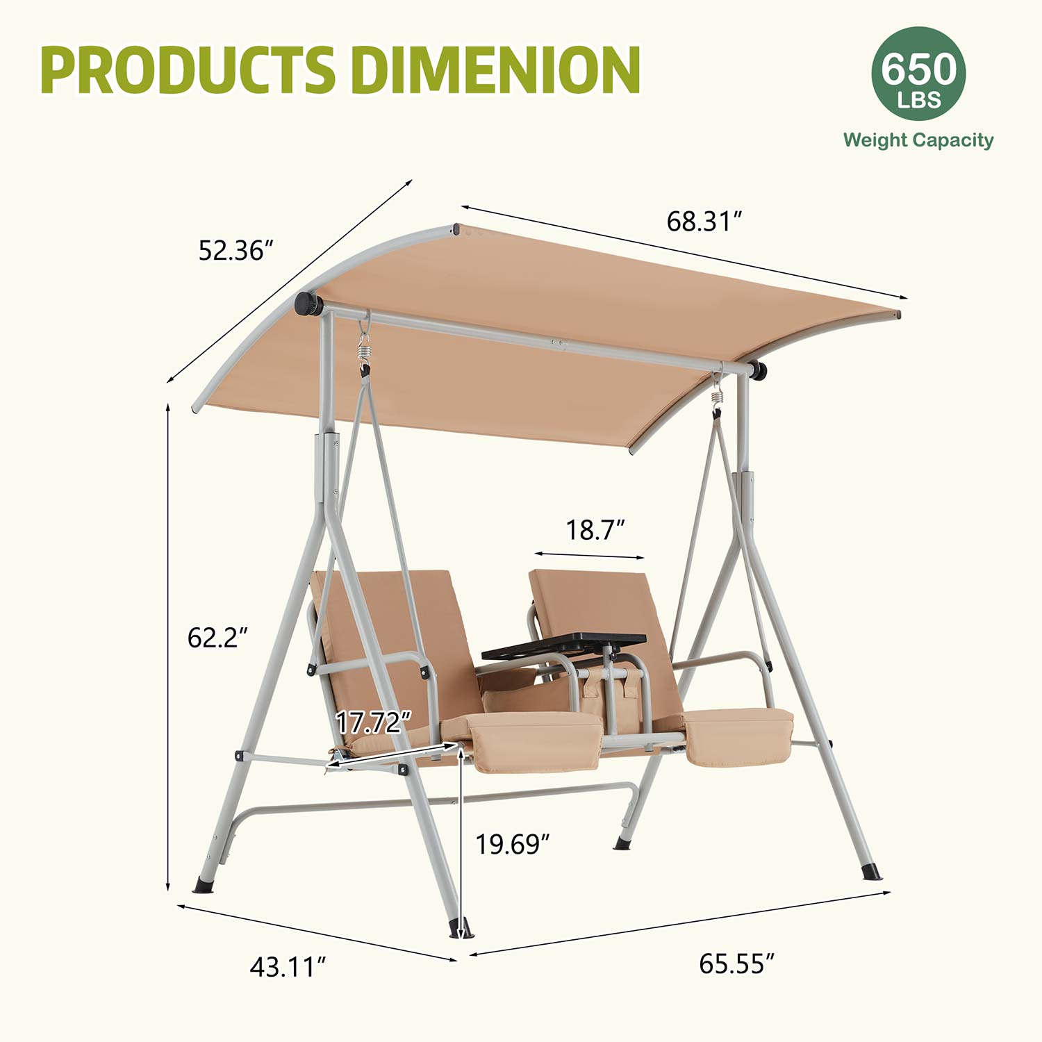 Homrest 2 Seat Outdoor Porch Swing with Adjustable Canopy, Beige