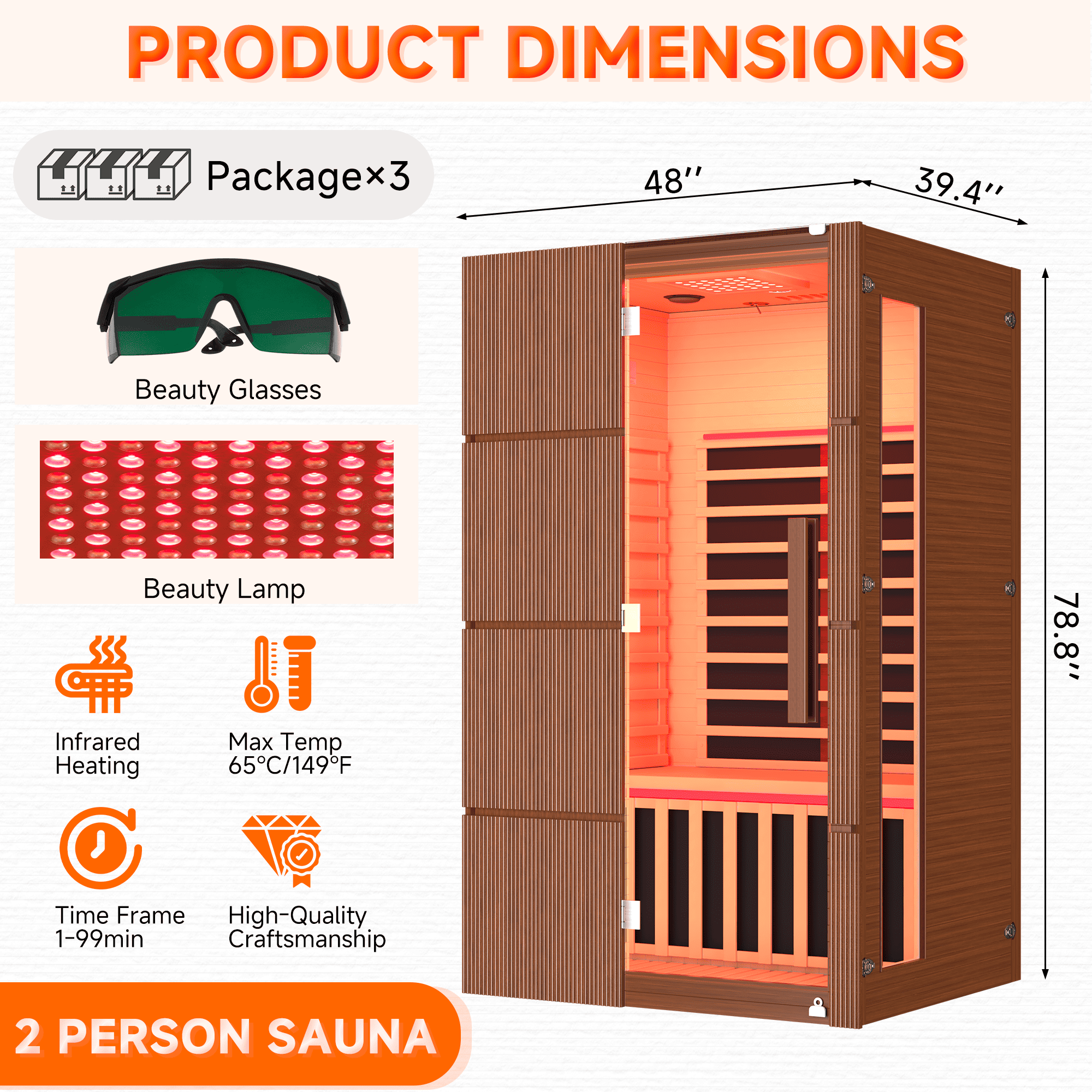 HOMREST 2-Person Indoor Infrared Sauna for Home, Far Infrared Sauna with Red Light Therapy, Chromotherapy Lighting, 6 Carbon Heaters & Bluetooth Speaker, Walnut