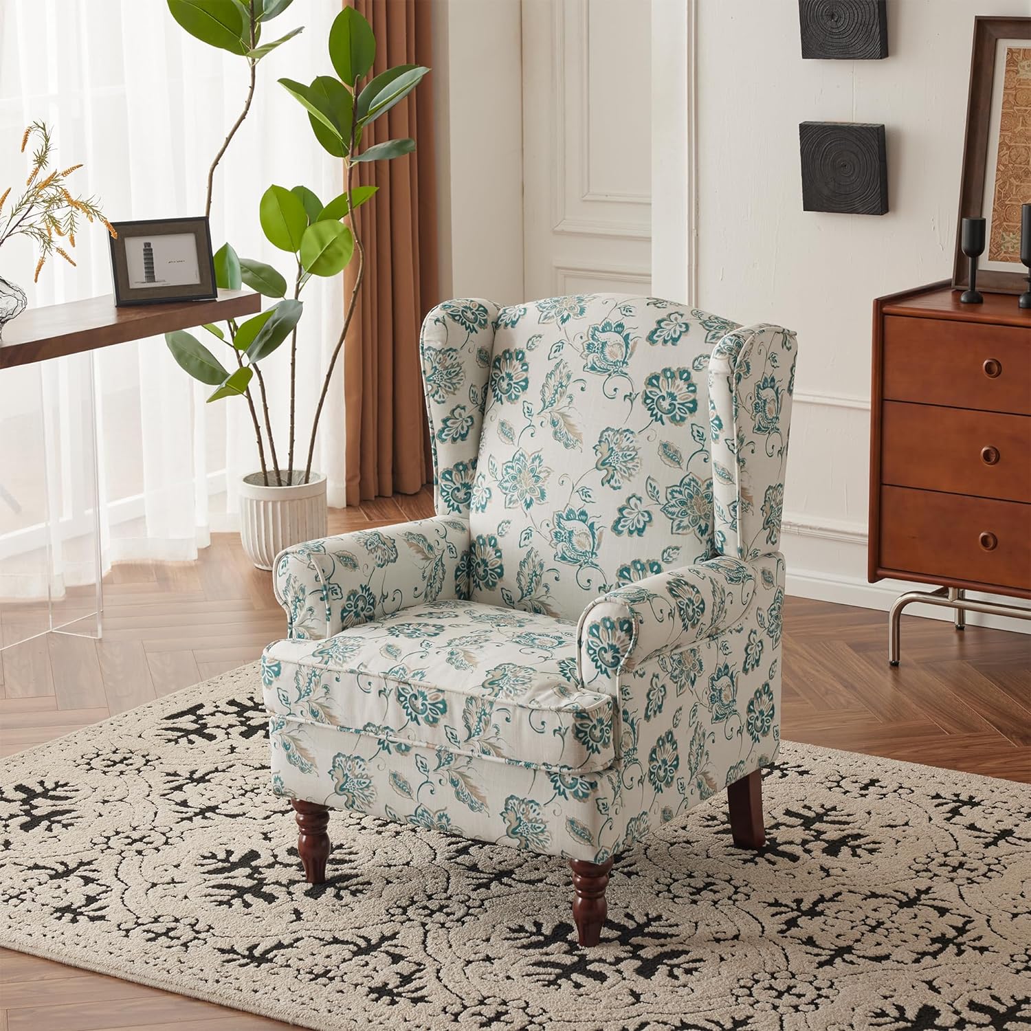 HOMREST Fabric Accent Chair for Living Room Bedroom Reading, Light Cyan Floral