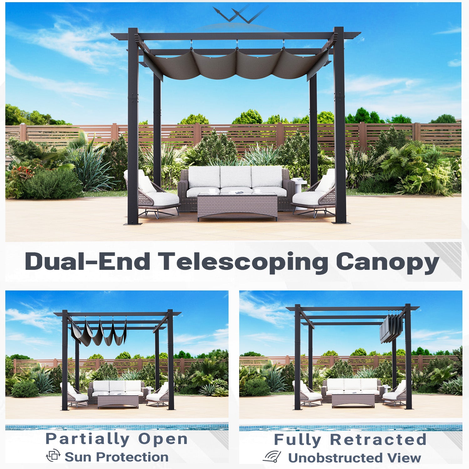 HOMREST Retractable Pergola 10x10 Ft, Upgraded Sun Shade with Waterproof Canopy, Durable Metal Patio Shelter with Magnetic Attachment for Backyard Garden Deck (Gary)