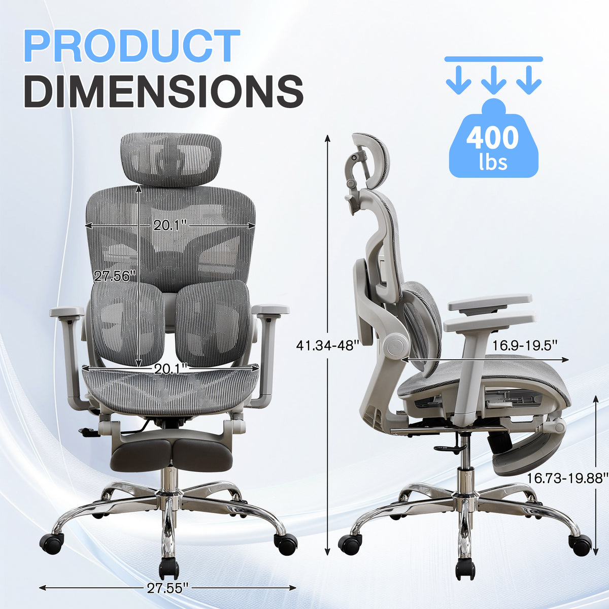 HOMREST Mesh Ergonomic Office Chair with 2-Zone Lumbar Support and Footrest,Grey