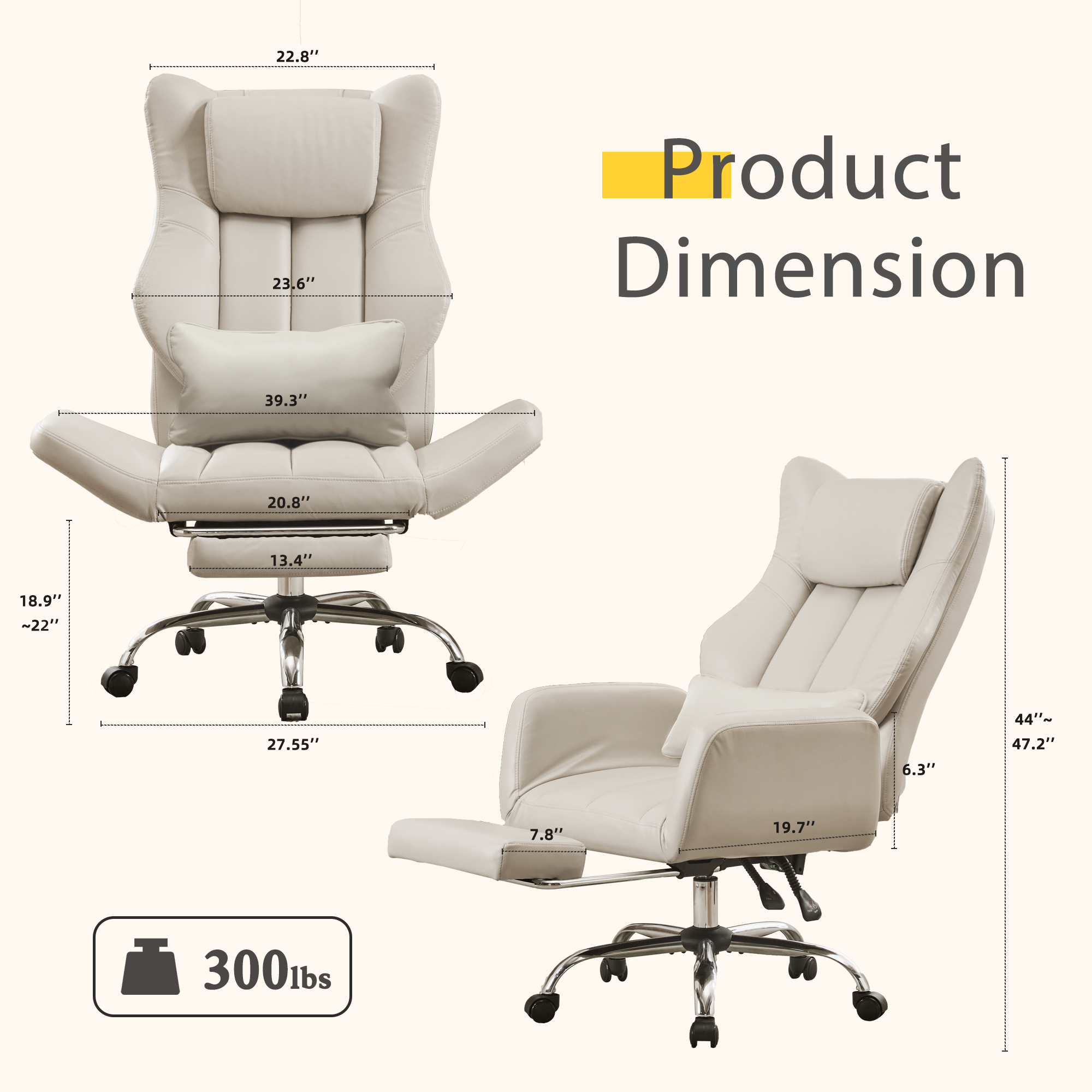 HOMREST Ergonomic Cross Legged Office Chair with Footrest,Big and Tall Leather Executive Chair with Reversible Armrest,Lumbar Pillow and Wheels,155° Reclining Computer Wide Desk Chair for Home,Office (Beige)