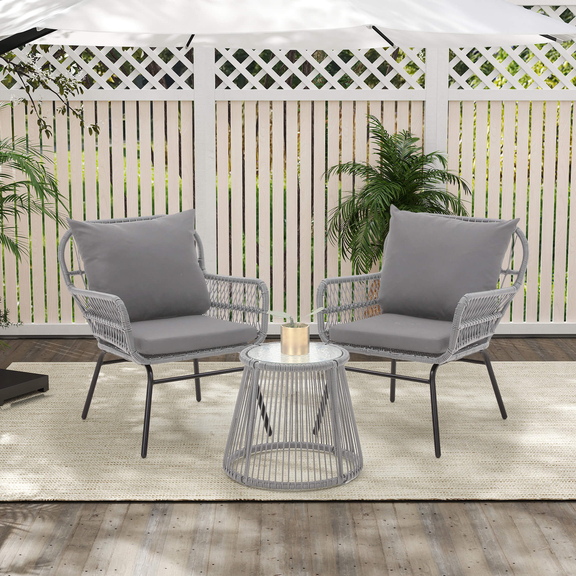 HOMREST 3-Piece Patio Bistro Set with Glass Top Table & 2 Ergonomic Armchairs, Black, Gray