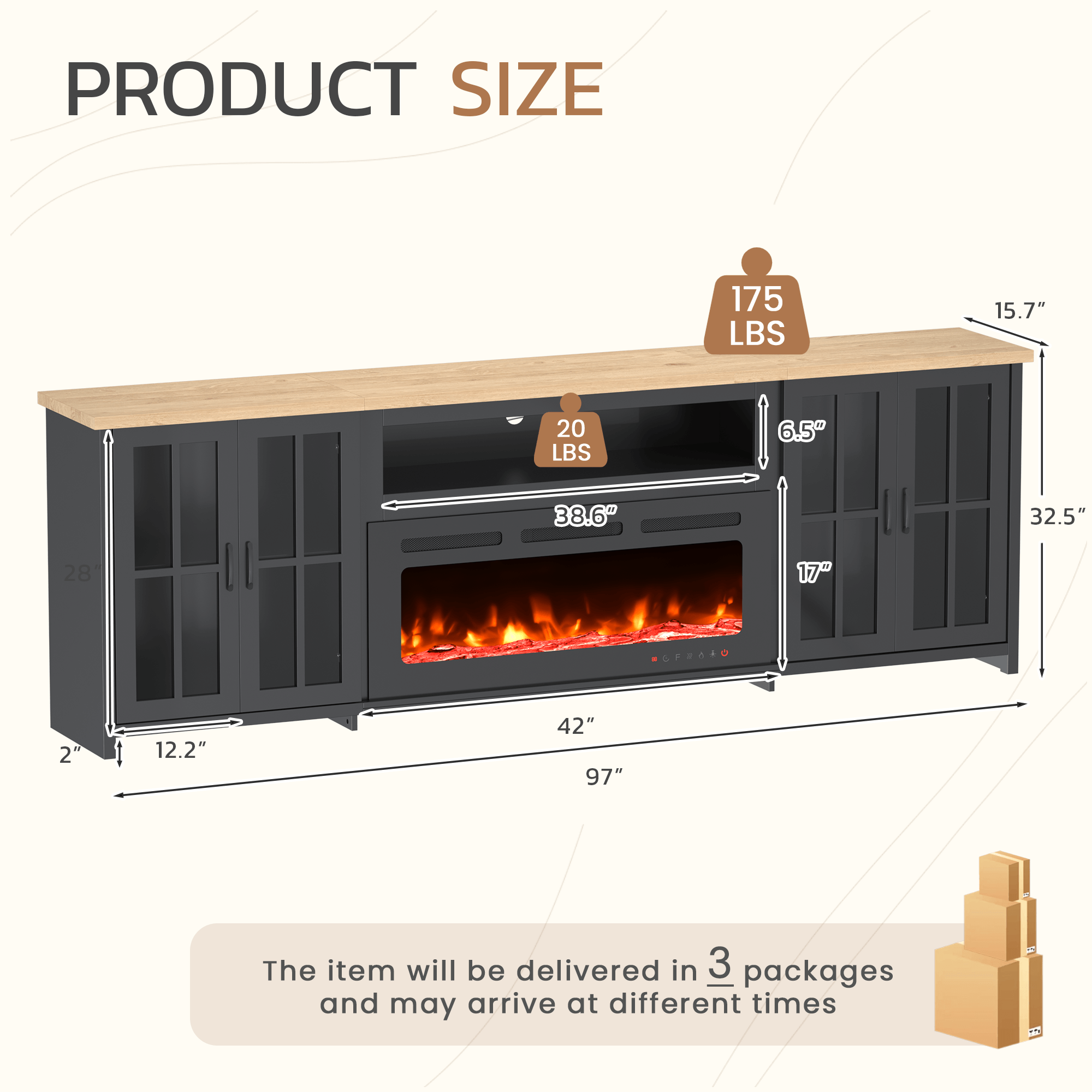 HOMREST 97 Inch Fireplace TV Stand with 42" Electric Fireplace, Fireplace Entertainment Center Media Console, Long TV Stand for Living Room, Television Stands for 100 Inch TV, Black