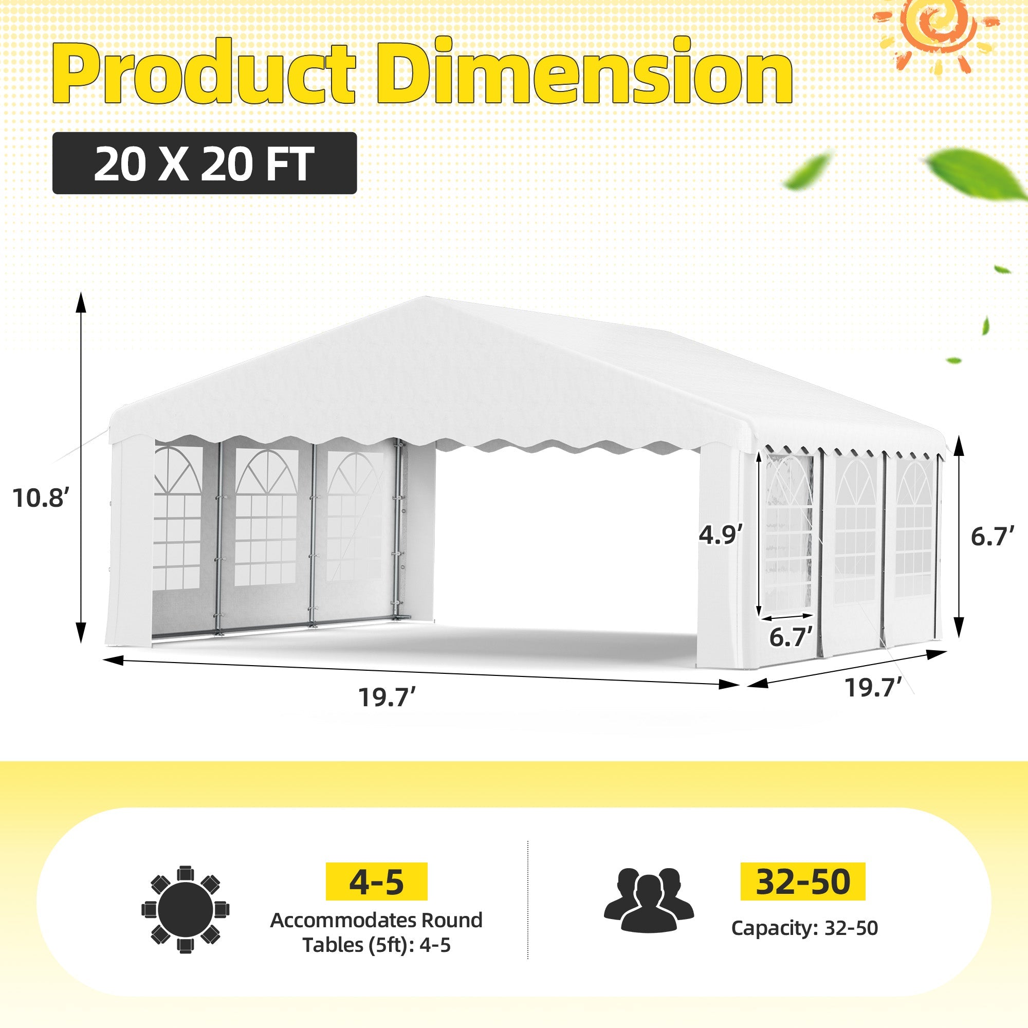 HOMREST 20x20 Ft Heavy Duty Party Tent Gazebo For Events Weddings BBQs Removable Sidewall Windows Storage Bags Included White