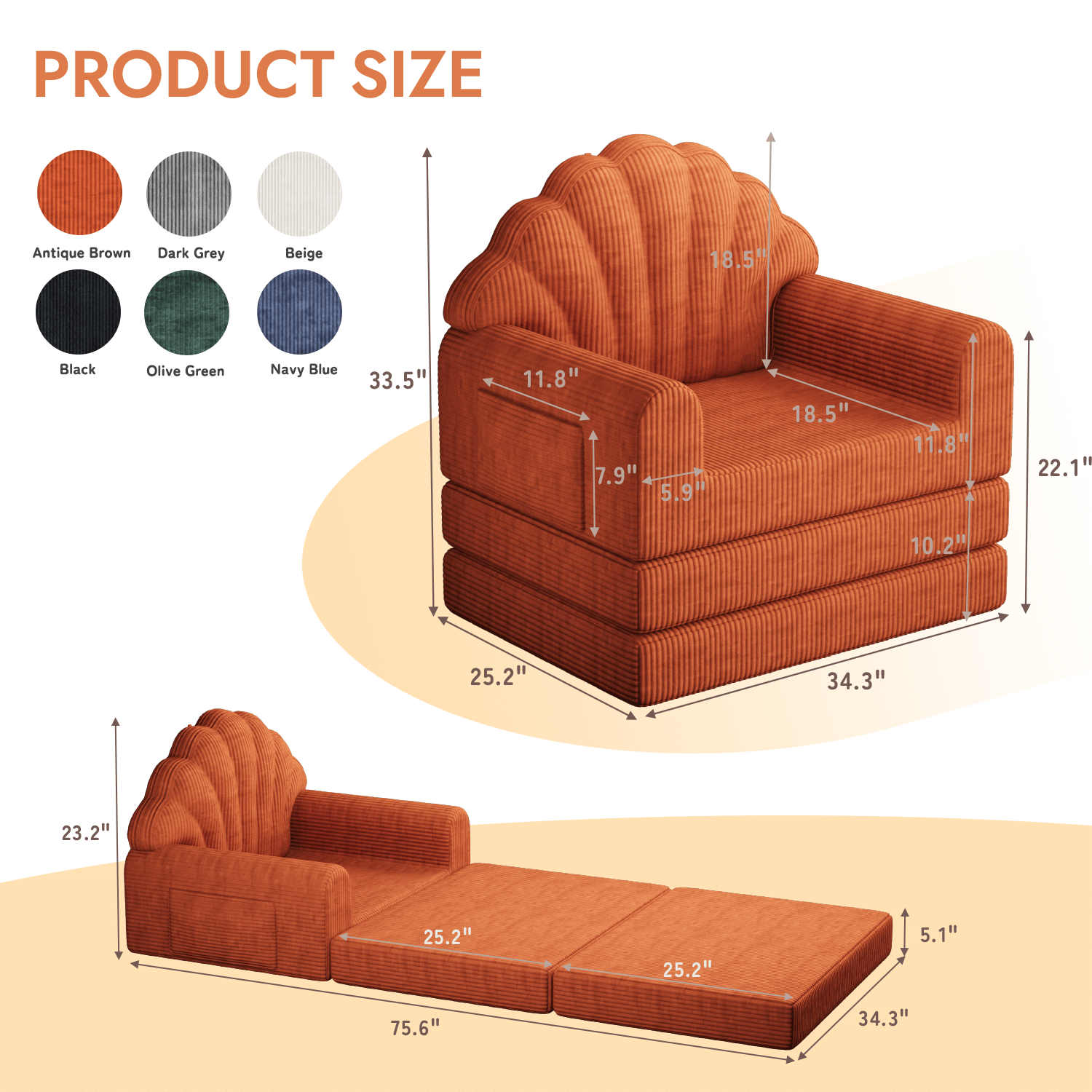 HOMREST 2-in-1 Folding Sofa Bed with Back Support, 75" D x 34" W Convertible Futon Sleeper Chair for Living Room Bedroom Small Spaces, Antique Brown