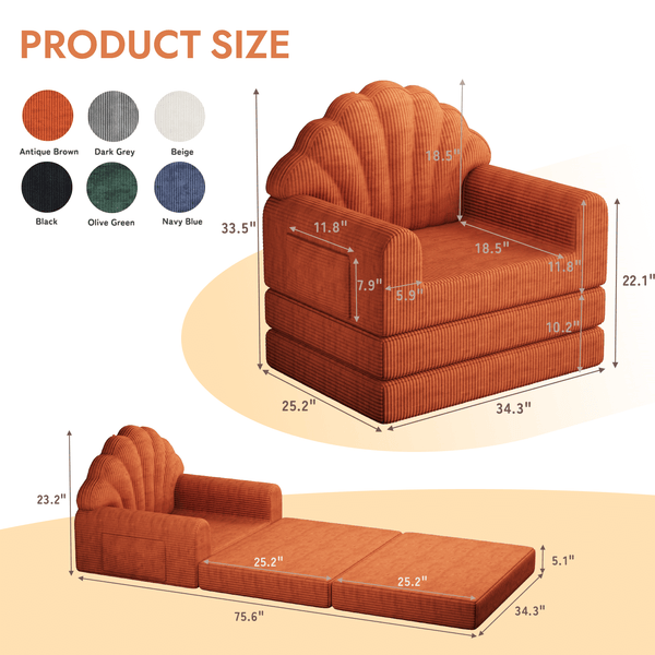 HOMREST 2-in-1 Folding Sofa Bed with Back Support, 75