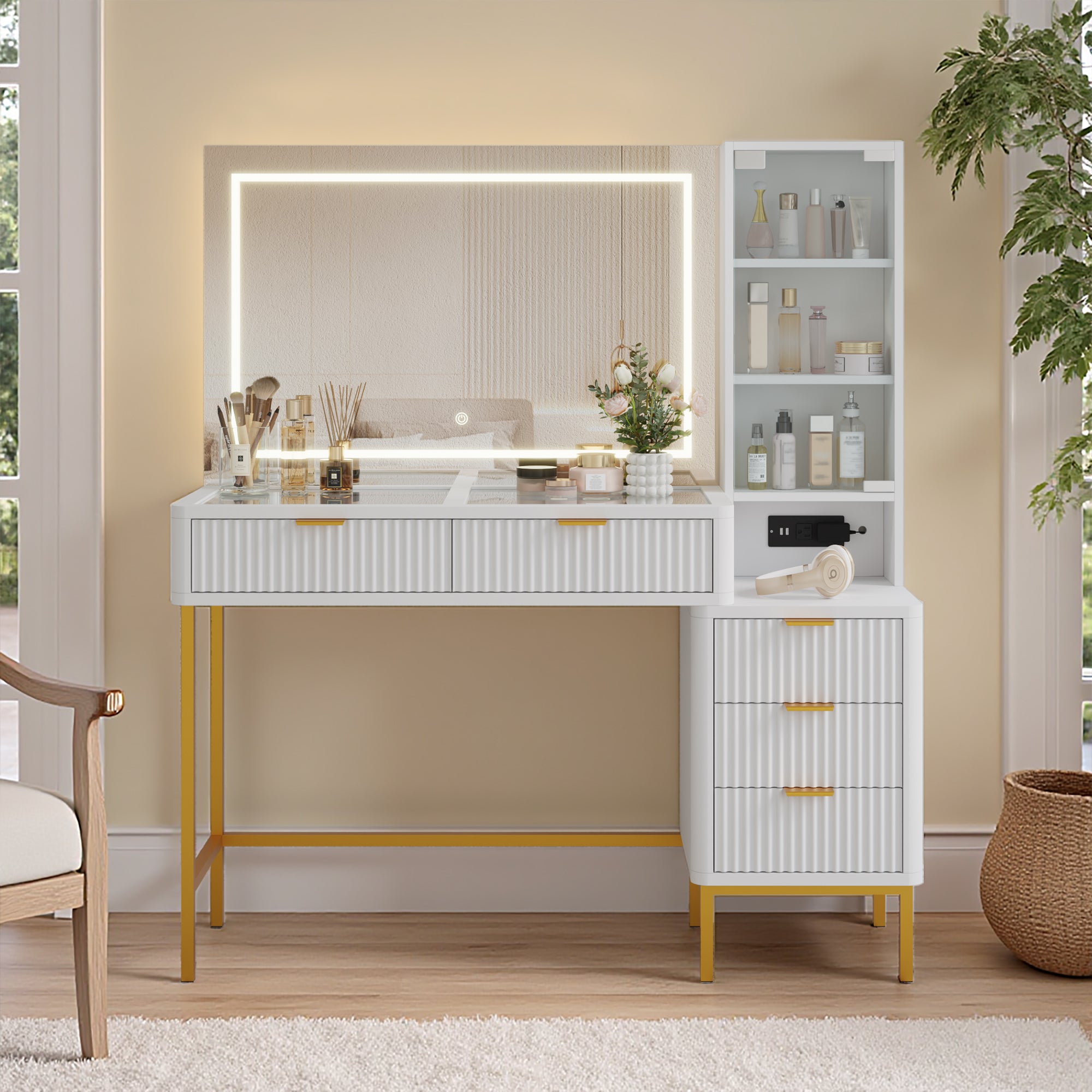HOMREST Fluted Makeup Vanity Desk with Mirror, Lights,5 Drawers, 3 Storage Shelves and Charging Station, White Gold