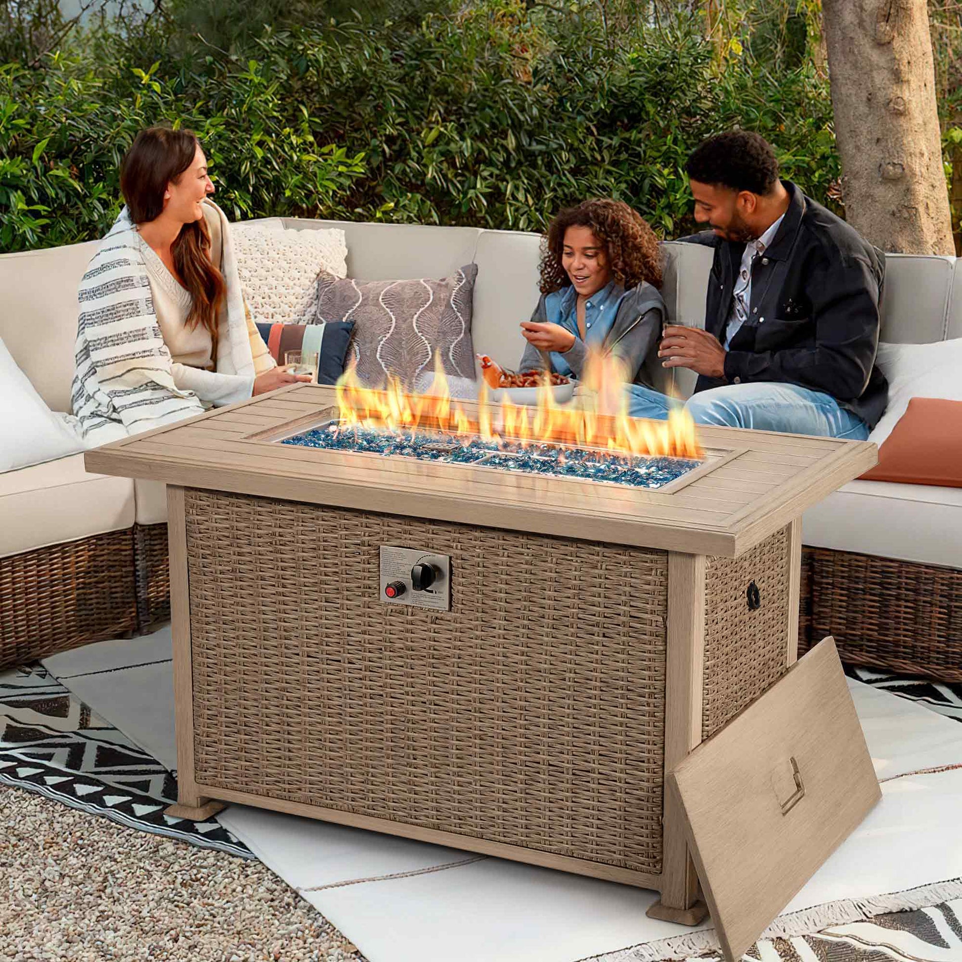 44 In Propane Fire Pit Table, Aluminum Hand-Painted Table Top, 50,000 BTU, Gray