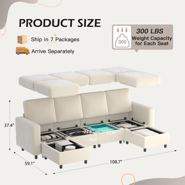 homrest 6 - Piece Modular Sectional Couch, Modular Couches and Sofas Sectional with Storage for Living Room, 4 single seats, 2 ottomans, Beige