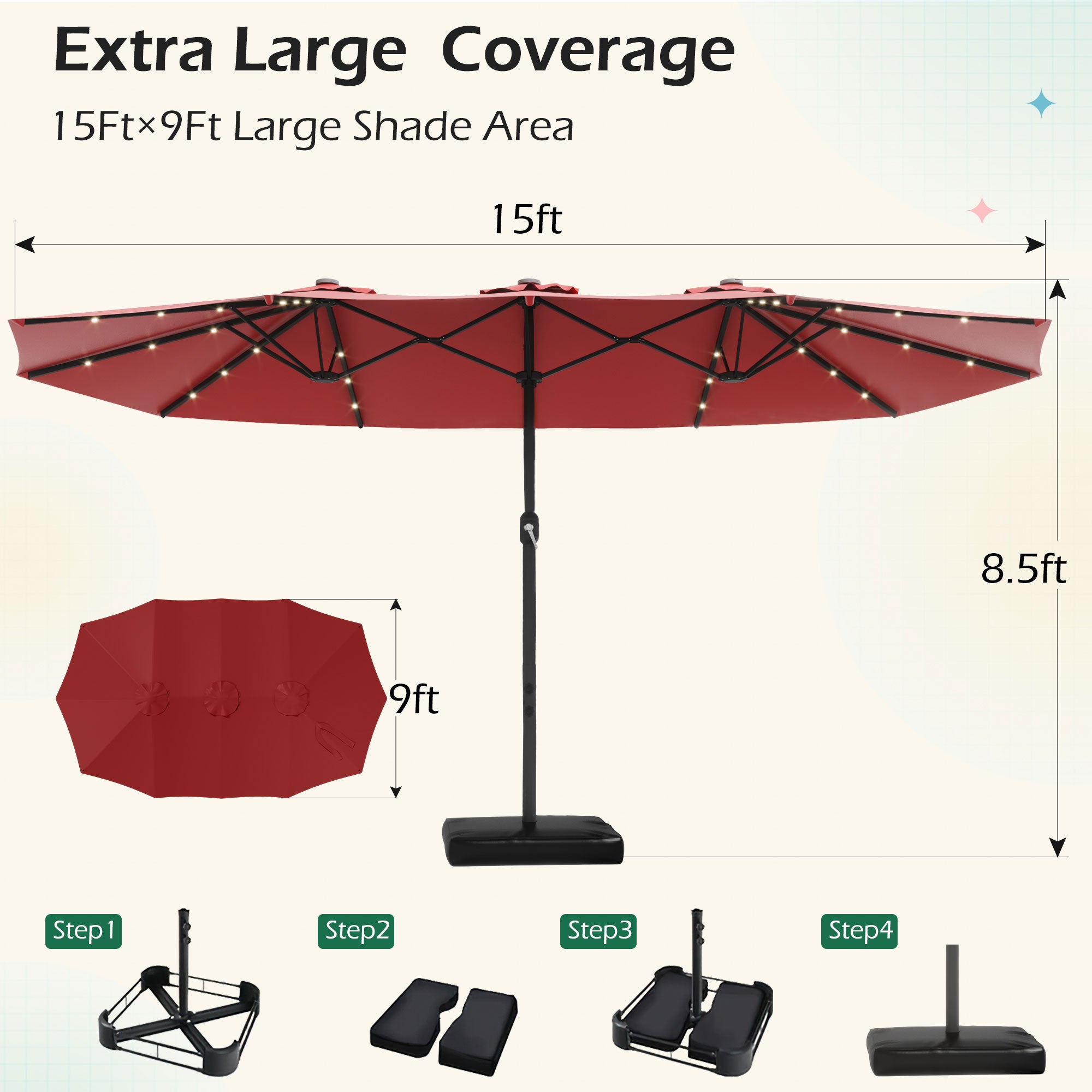 HOMREST 15ft Large Double-Sided Patio Umbrella with Solar LED Lights, Outdoor Crank System, and Base – Perfect for Garden, Deck, Poolside, Red