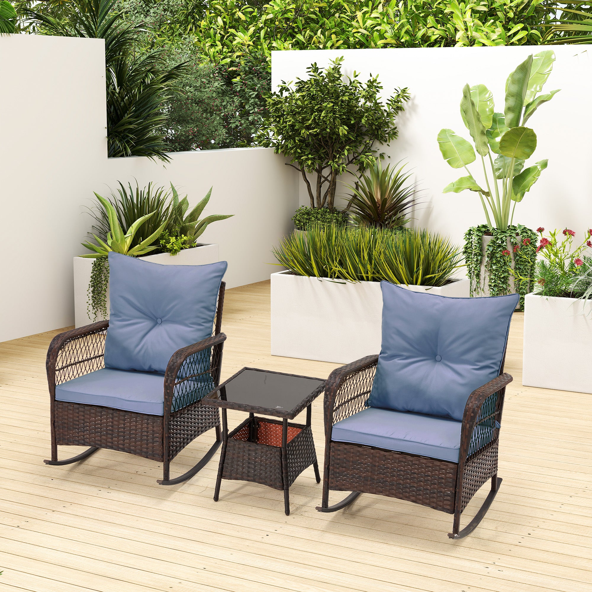 HOMREST 3-Piece Rattan Rocking Bistro Set with Glass Coffee Table for Porch & Garden