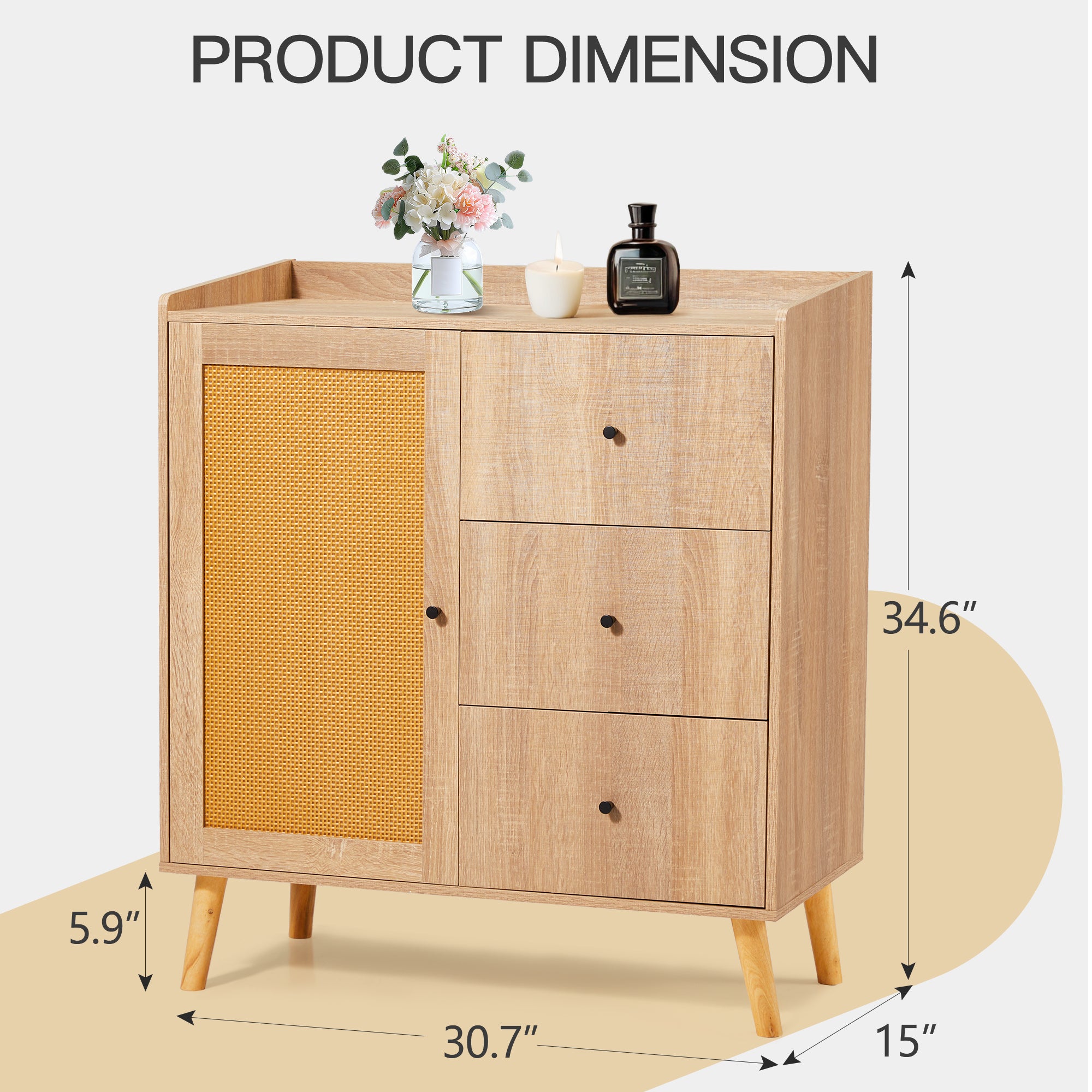 HOMREST Modern Cabinet with Rattan Door and 3 Drawers