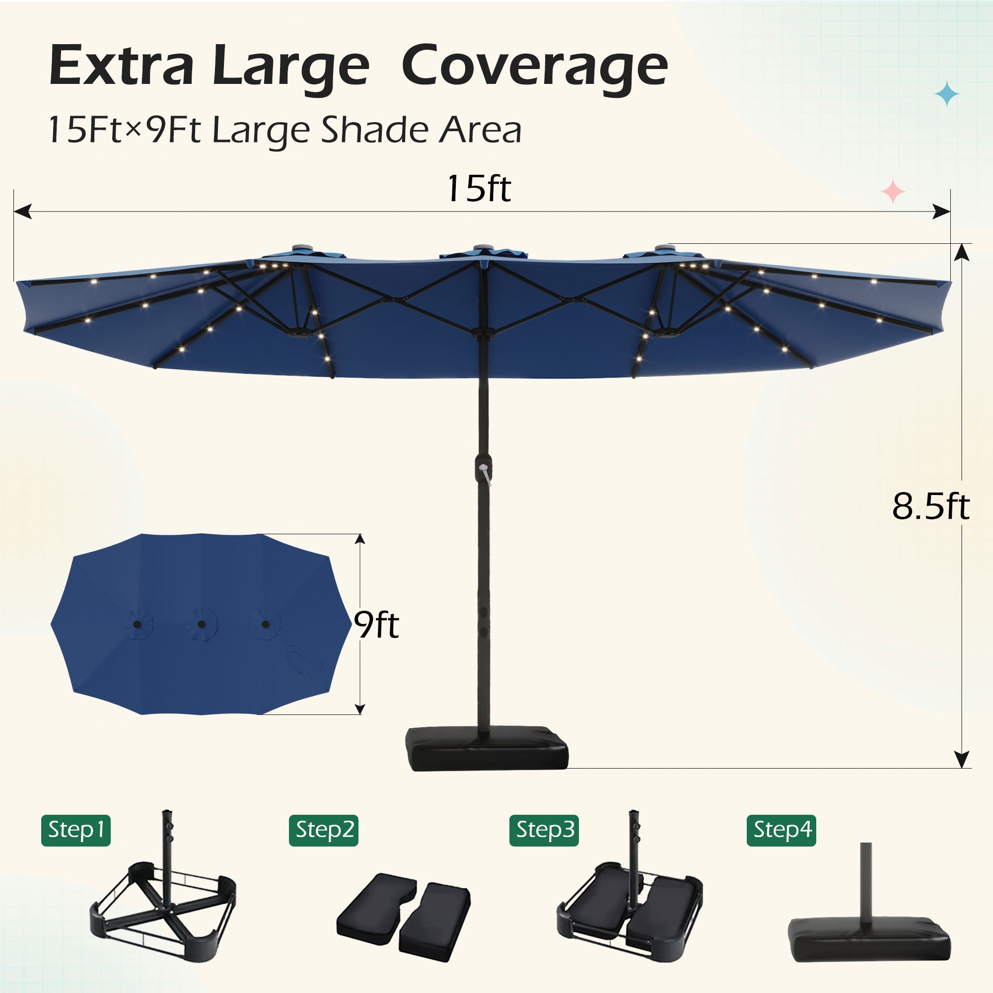 HOMREST 15ft Large Double-Sided Patio Umbrella with Solar LED Lights, Outdoor Crank System, and Base – Perfect for Garden, Deck, Poolside, Navy