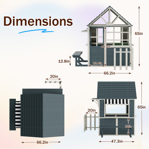 HOMREST Outdoor Playhouse for Kids, Wooden Kid Play House with Kitchen Toys,Blackboard,Chalks,Eraser,Magnetic Door, Bench, Foldable Sunshade Canopy,Flowerpot Holders, Bell, Pet Hole, Clock,Blue Grey