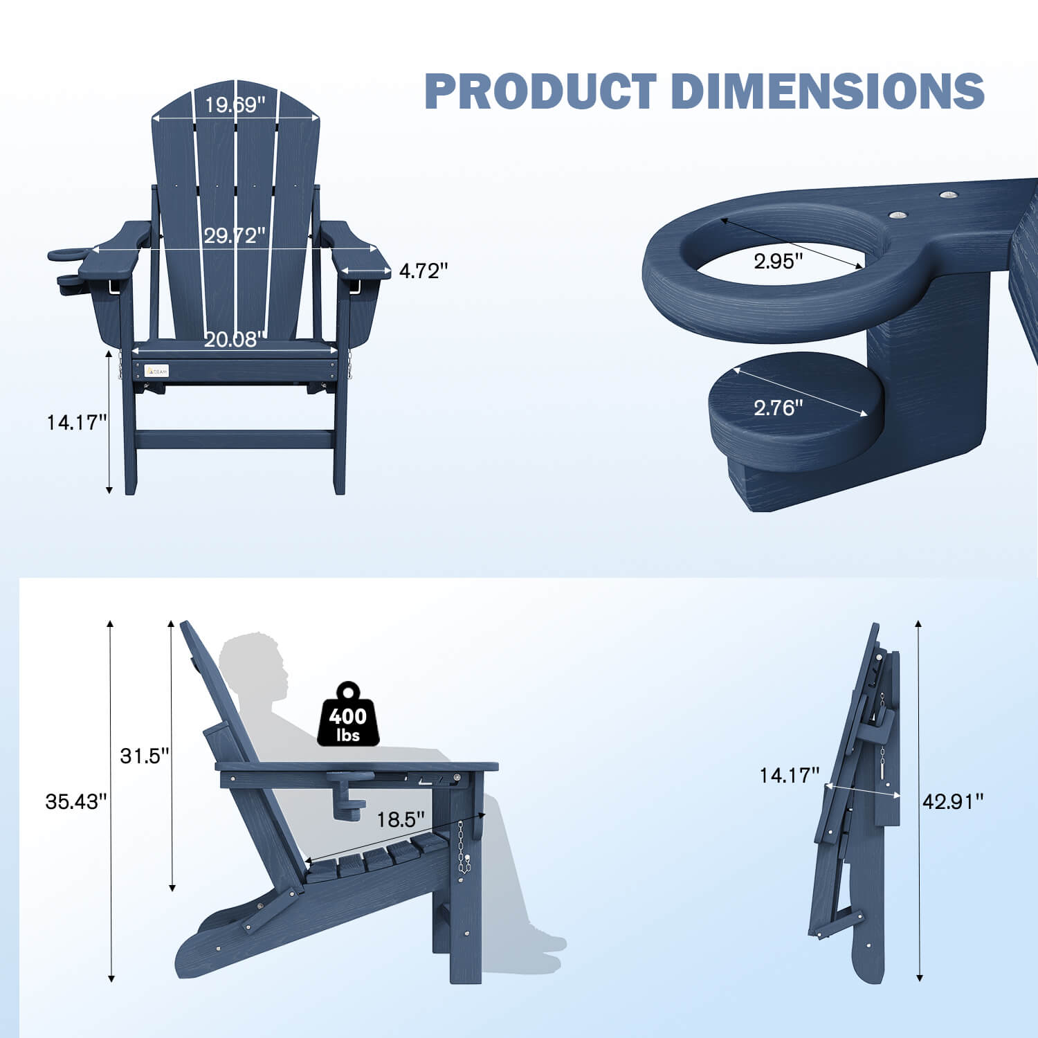 HOMREST 3-Position Adjustable Adirondack Chairs Set of 4, 400LBS HDPE Folding Outdoor Chairs with Cup Holder, Navy Blue