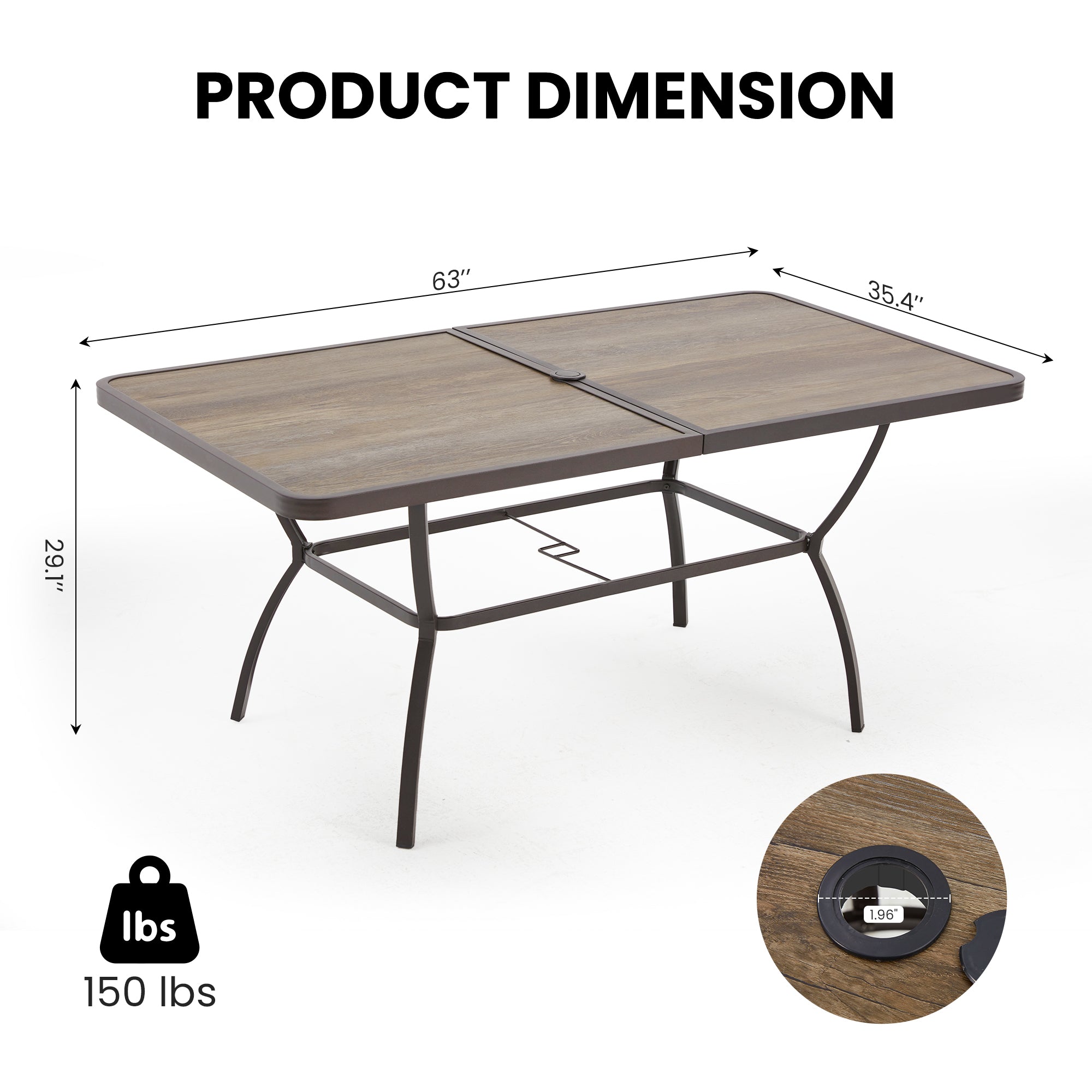 HOMREST 63 Inch Outdoor Patio Dining Table with 1.96 Inch Adjustable Umbrella Hole