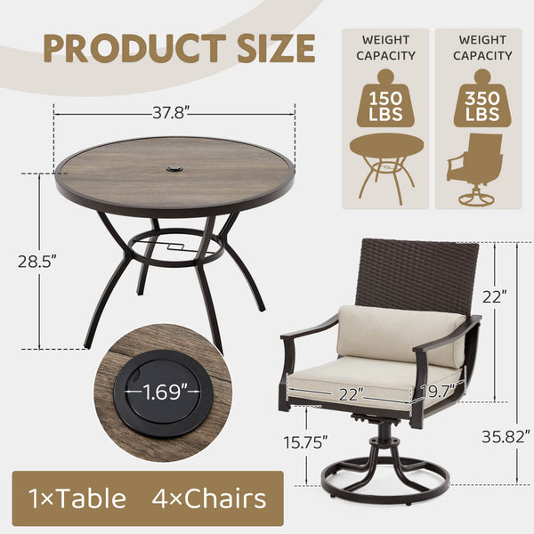 HOMREST 5-Piece Patio Dining Set, 4 Swivel Chairs & Large Round Table for Backyard, Deck, Patio