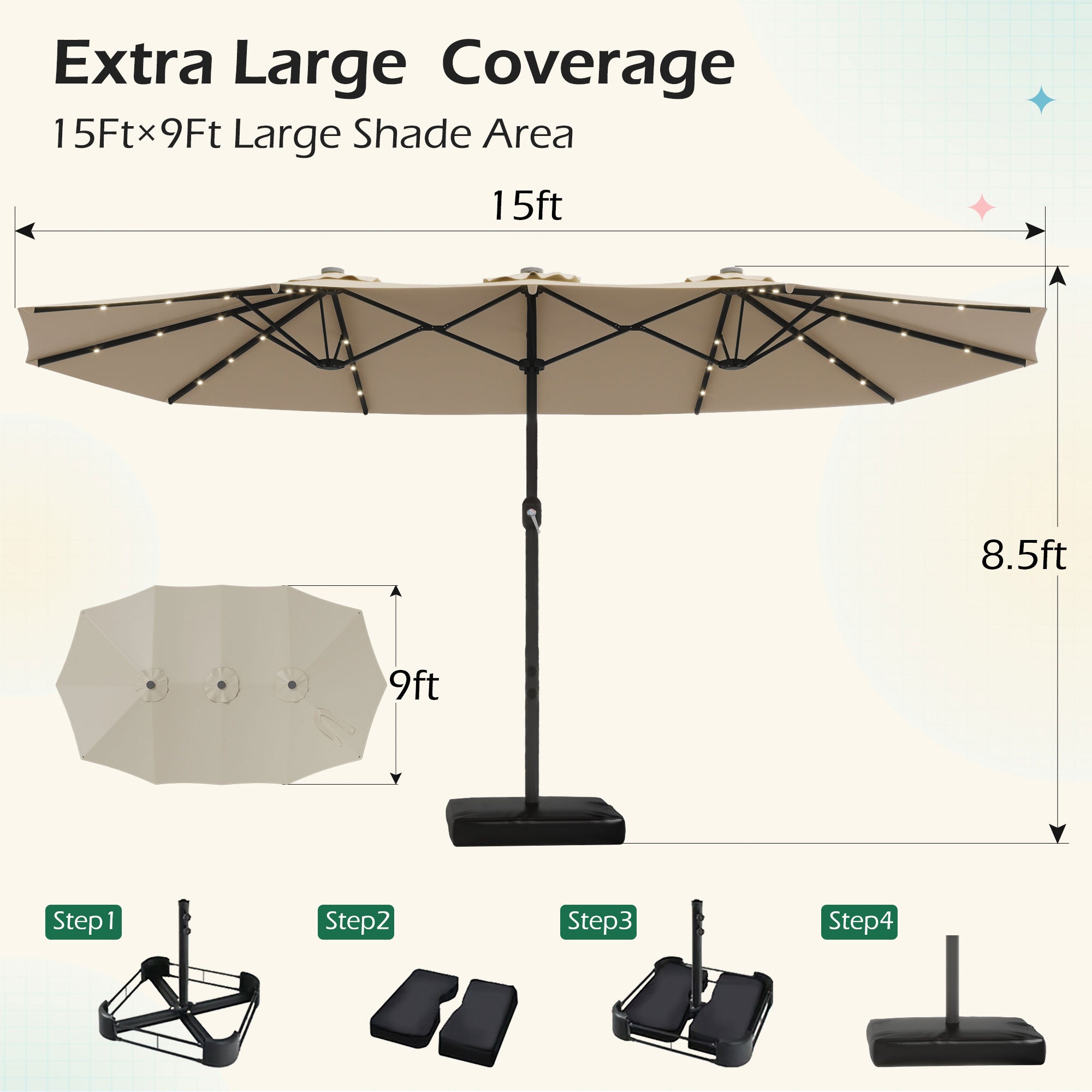 HOMREST 15ft Large Double-Sided Patio Umbrella with Solar LED Lights, Outdoor Crank System, and Base – Perfect for Garden, Deck, Poolside, Beige