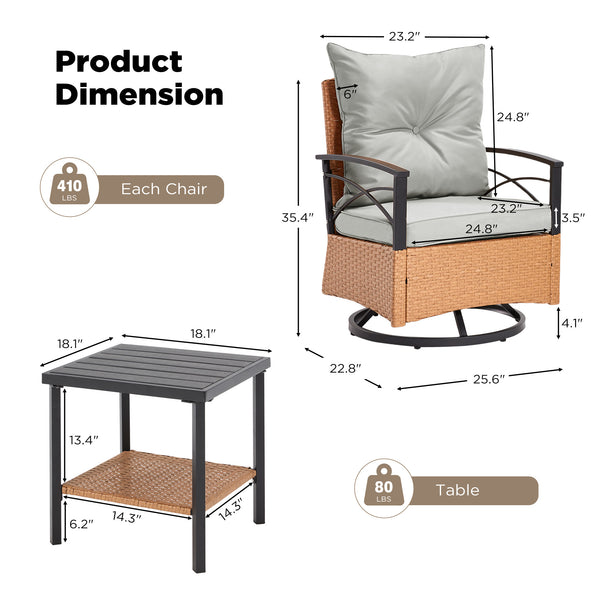 HOMREST 3-Piece Patio Swivel Rocker Set with Rattan Coffee Table, Gray